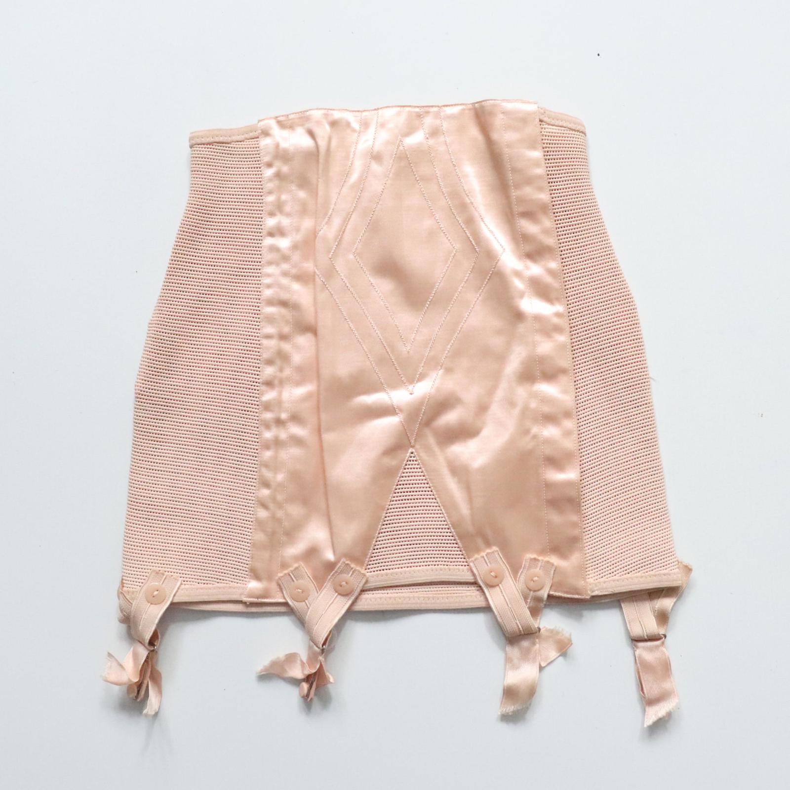C1940s vintage French pink satin corset girdle with elastic webbing panels