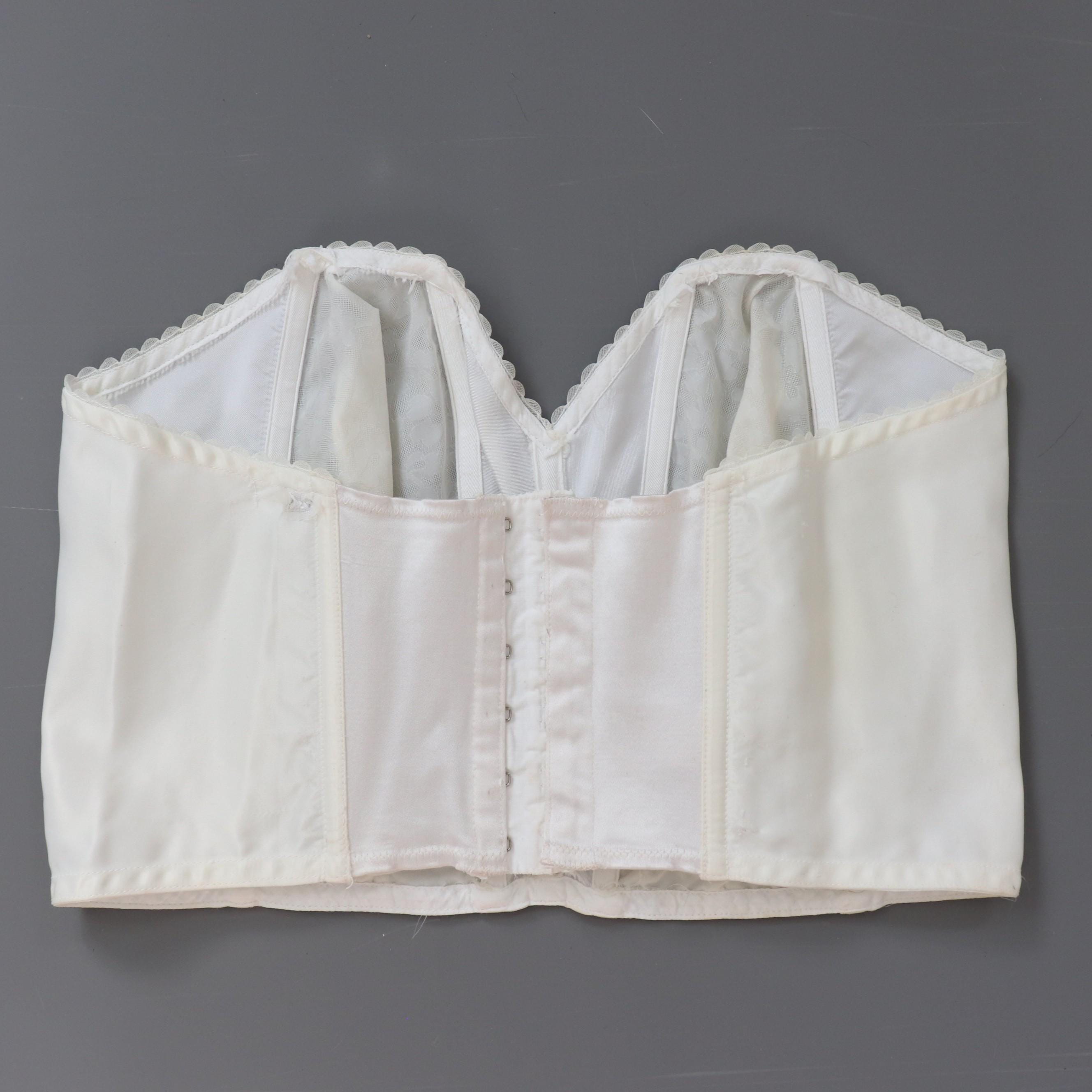 C1950s vintage English Rose Corsetry bra off white nylon cathedral bustier corset, lingerie - 38B