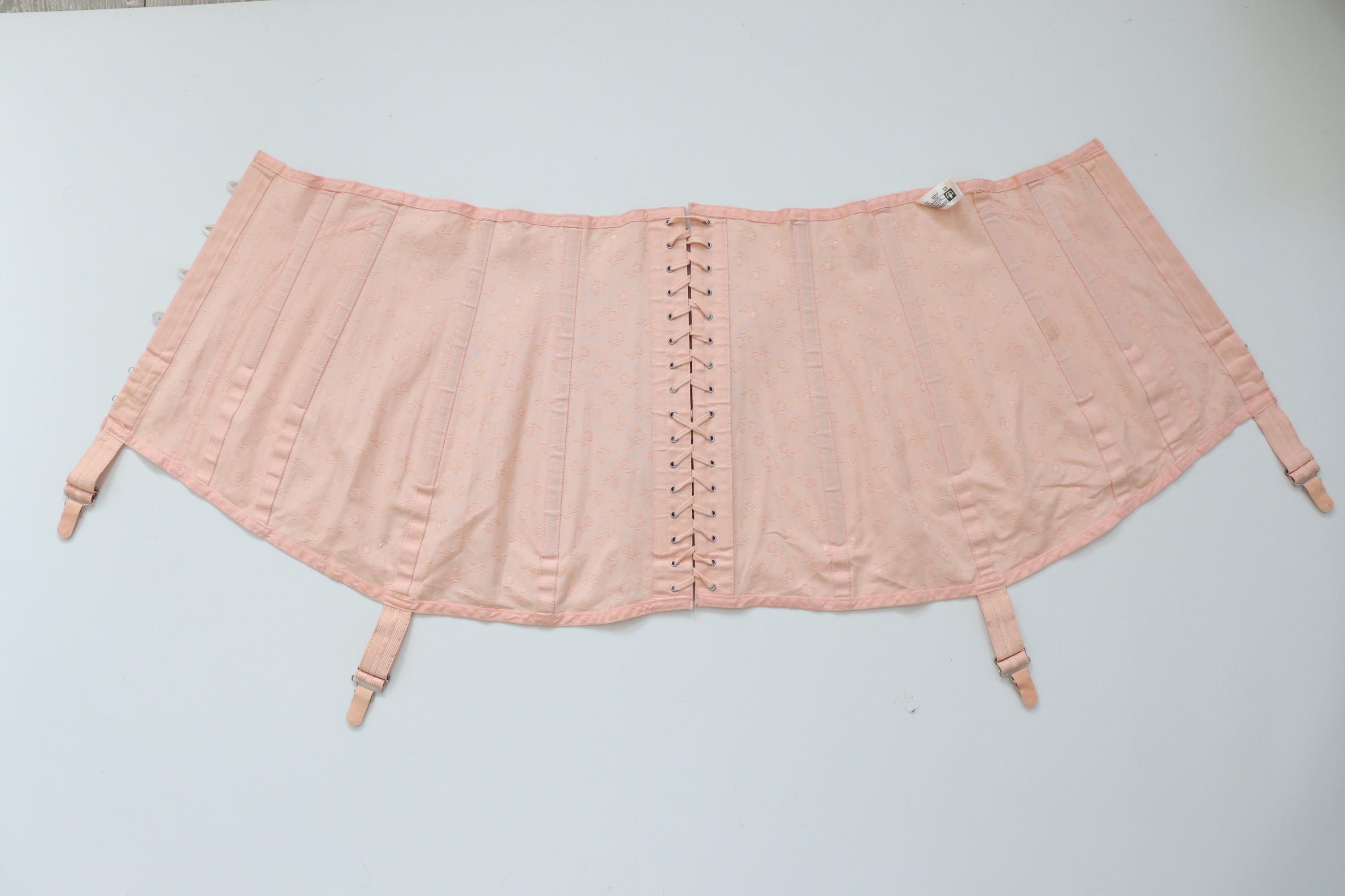 C1970s vintage W.R reg.d pale pink floral coutil corset girdle with busk fastening and centre back lacing - 36" WAIST