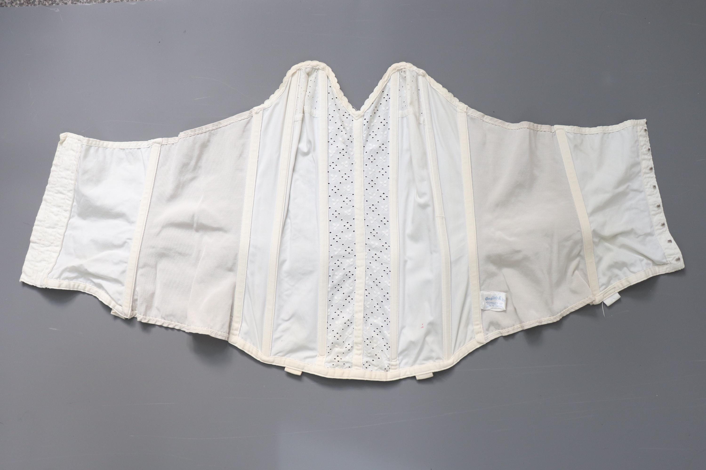 C1950s vintage English Rose Corsetry longline bustier, cream cotton cathedral corset with broderie anglaise, pinup retro lingerie - 36A