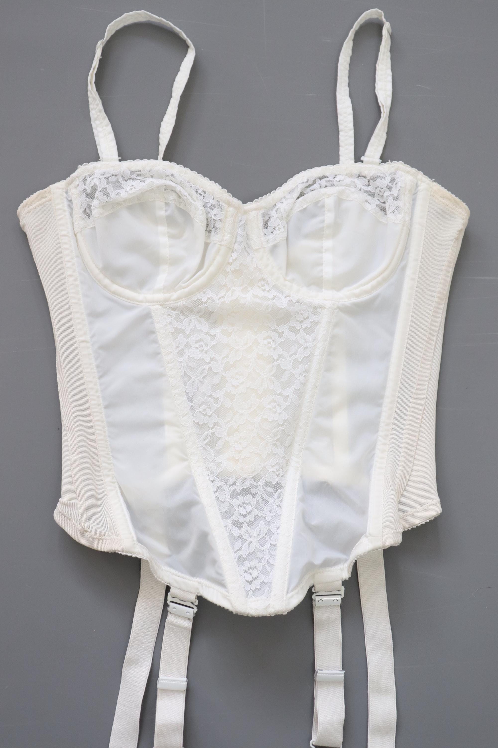 C1960s - 1970s vintage Rose Queen, English Rose Corsetry white cupped bustier corset, 1120 size 34A