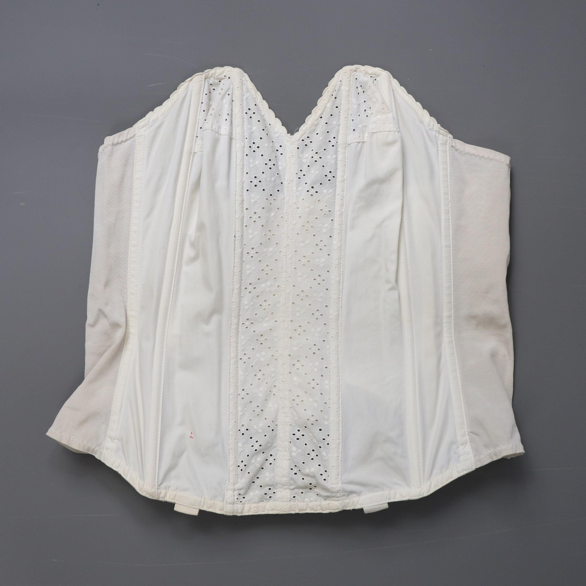 C1950s vintage English Rose Corsetry longline bustier, cream cotton cathedral corset with broderie anglaise, pinup retro lingerie - 36A