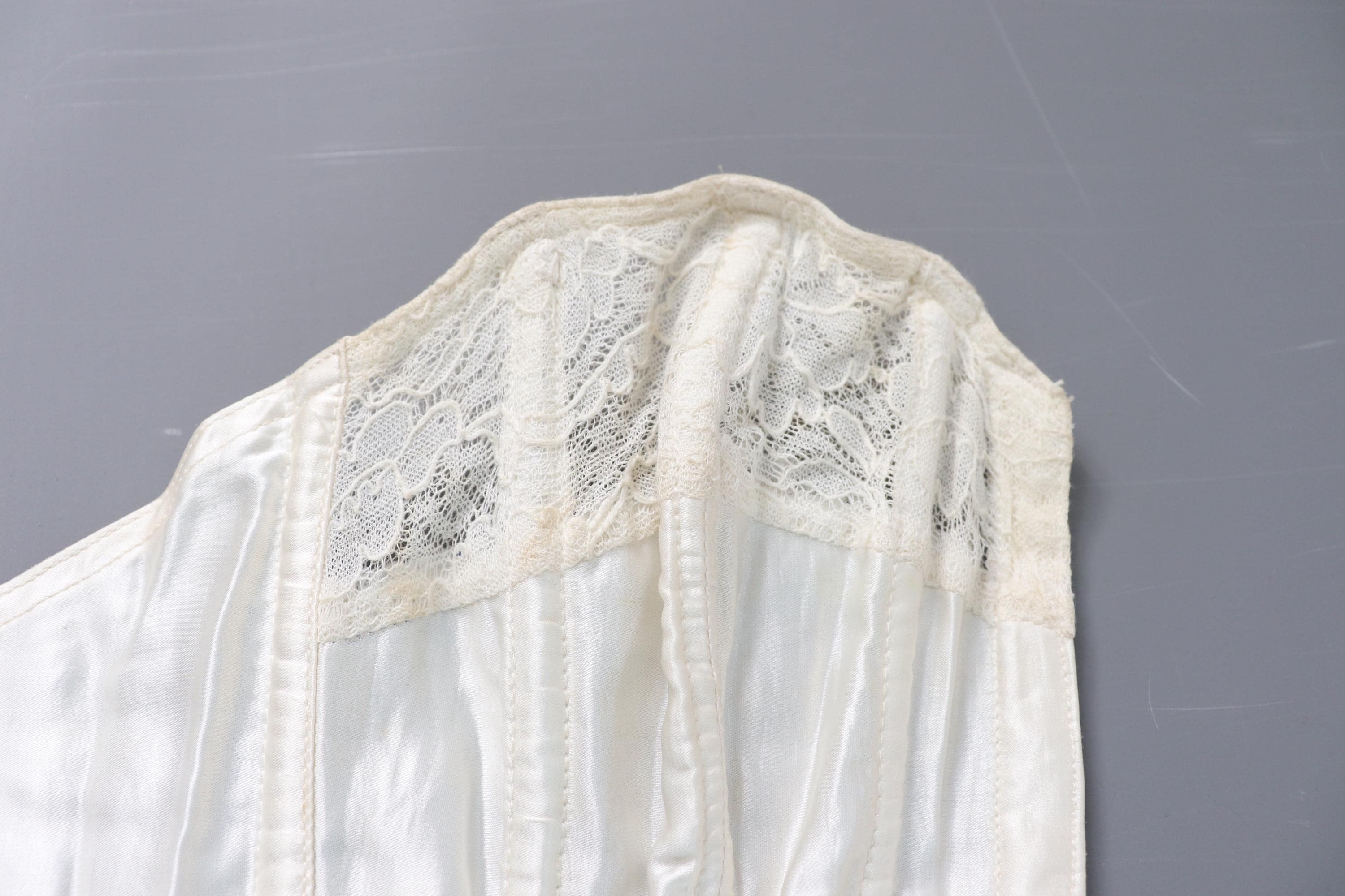 C1950s vintage Twilfit bra, white satin and lace cathedral bra, pinup lingerie -