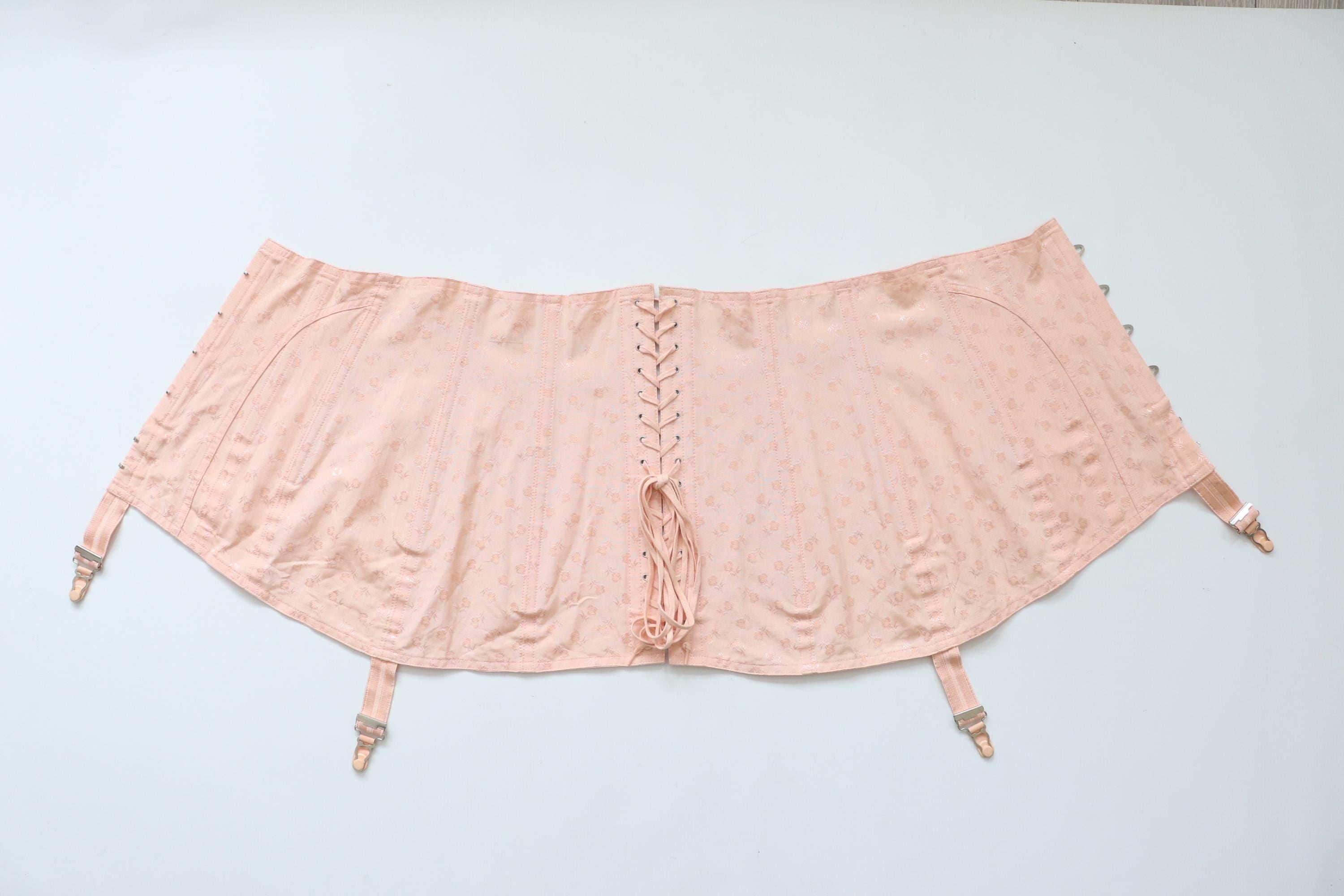 C1970s vintage W.R reg.d pale pink floral coutil corset girdle with busk fastening and centre back lacing - 36" WAIST