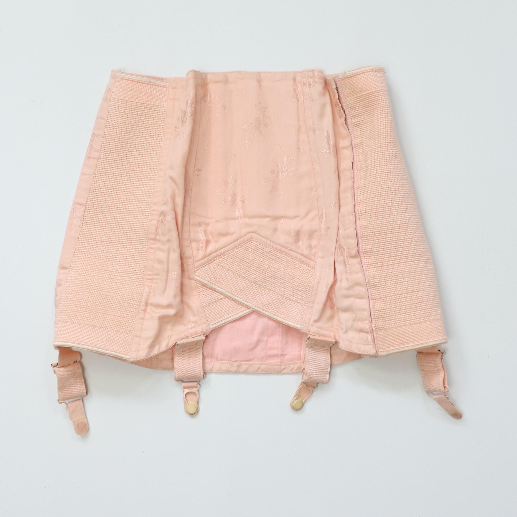 C1960s vintage pale pink corset girdle, floral tulip coutil corset with suspenders