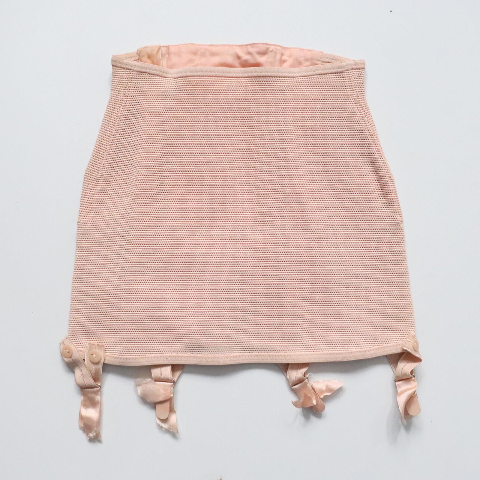 C1940s vintage French pink satin corset girdle with elastic webbing panels