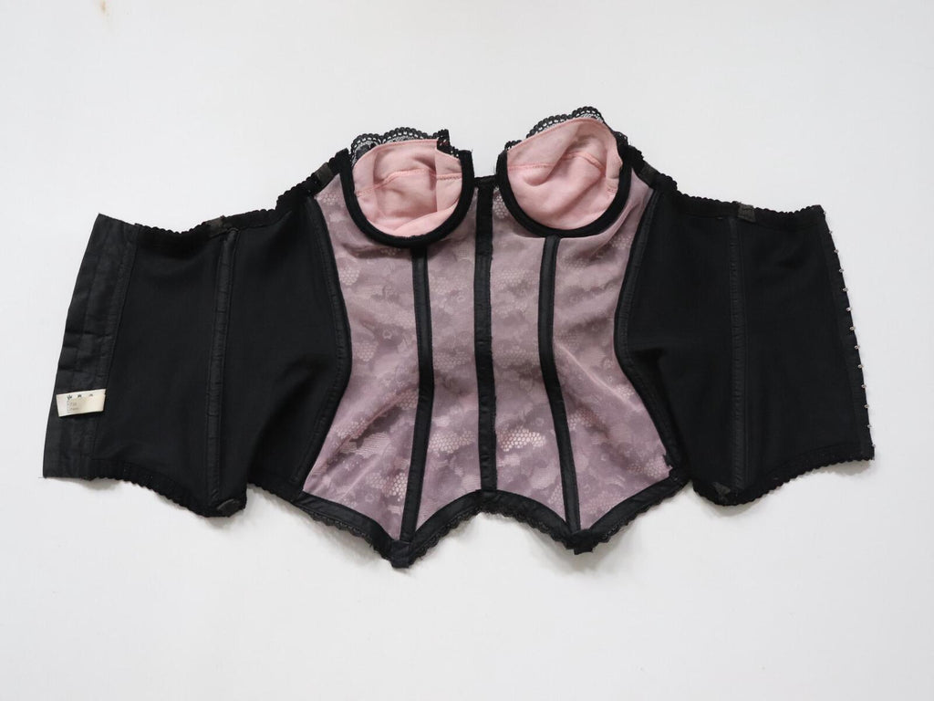 C1980s Julie Anne pink and black cupped bustier corset basque size 34B