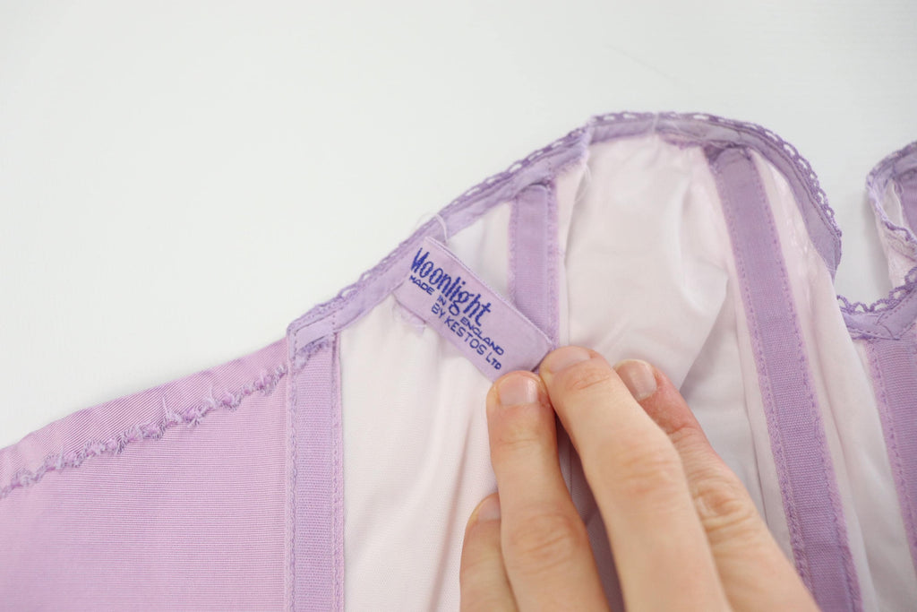 C1950s vintage Moonlight by Kestos longline bustier bra, repurposed hand dyed lilac lingerie. Label 40C