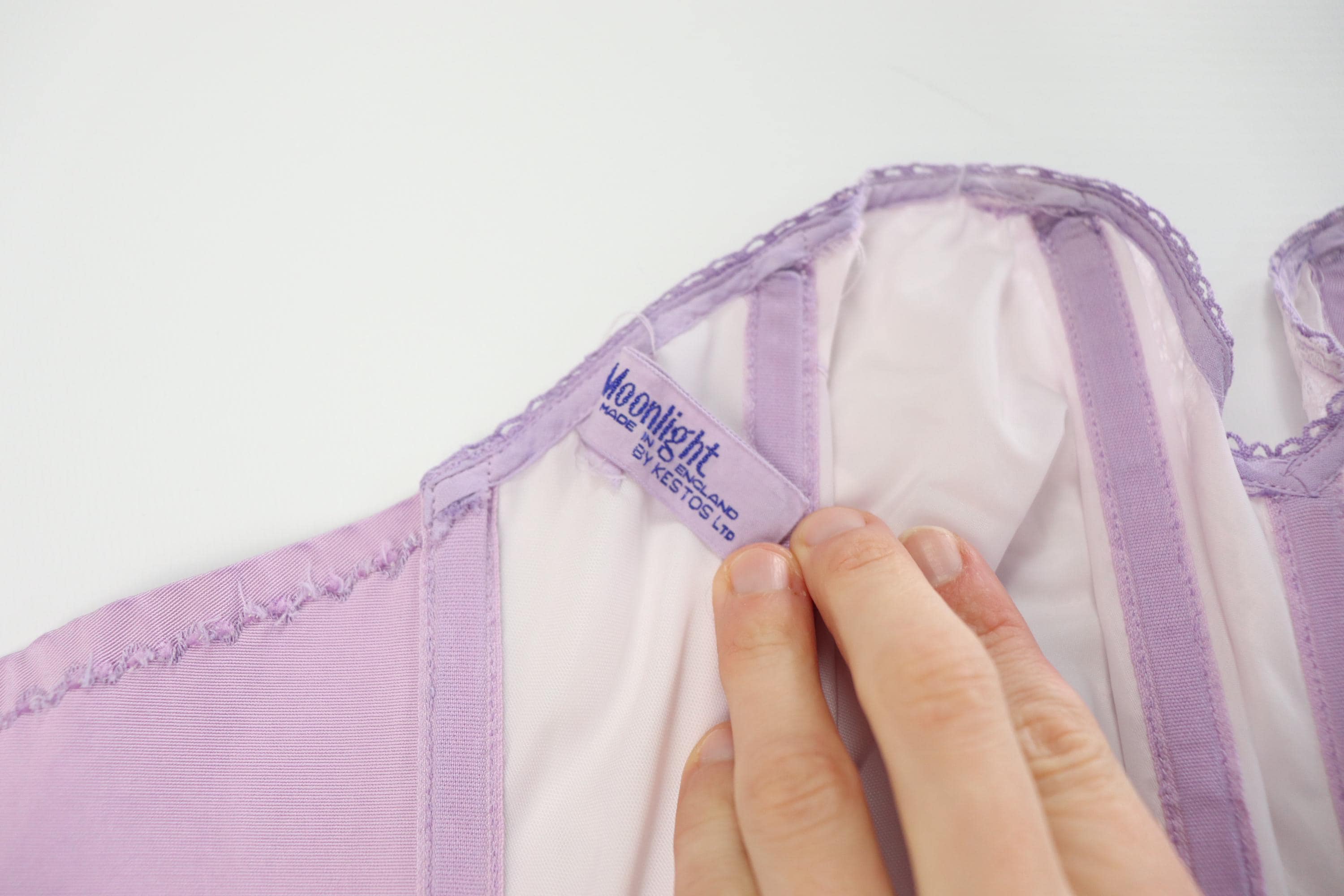 C1950s vintage Moonlight by Kestos longline bustier bra, repurposed hand dyed lilac lingerie. Label 40C