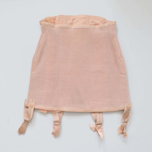 C1940s vintage French pink satin corset girdle with elastic webbing panels