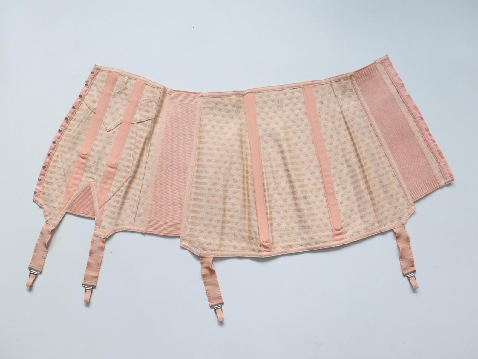 C1940s C1950s vintage pink floral coutil corset girdle - 26 - 28 inch waist