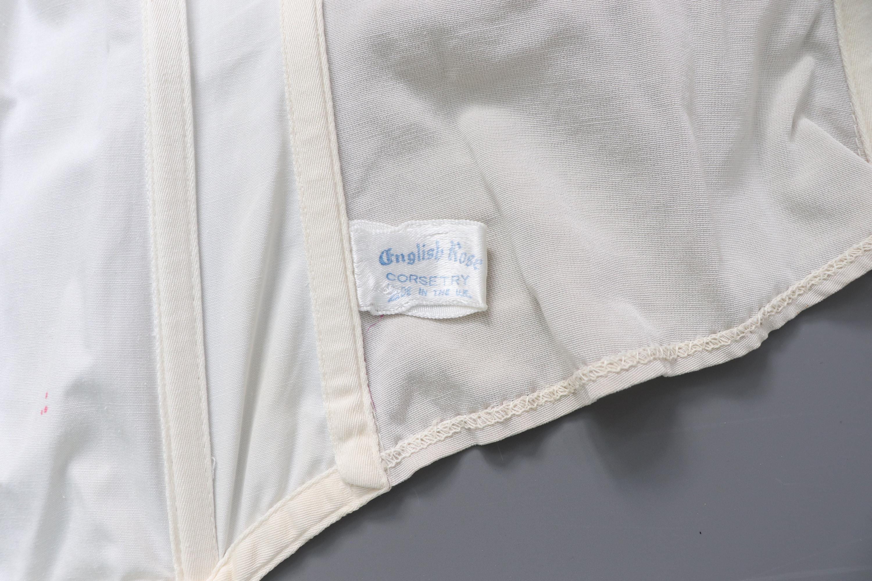 C1950s vintage English Rose Corsetry longline bustier, cream cotton cathedral corset with broderie anglaise, pinup retro lingerie - 36A