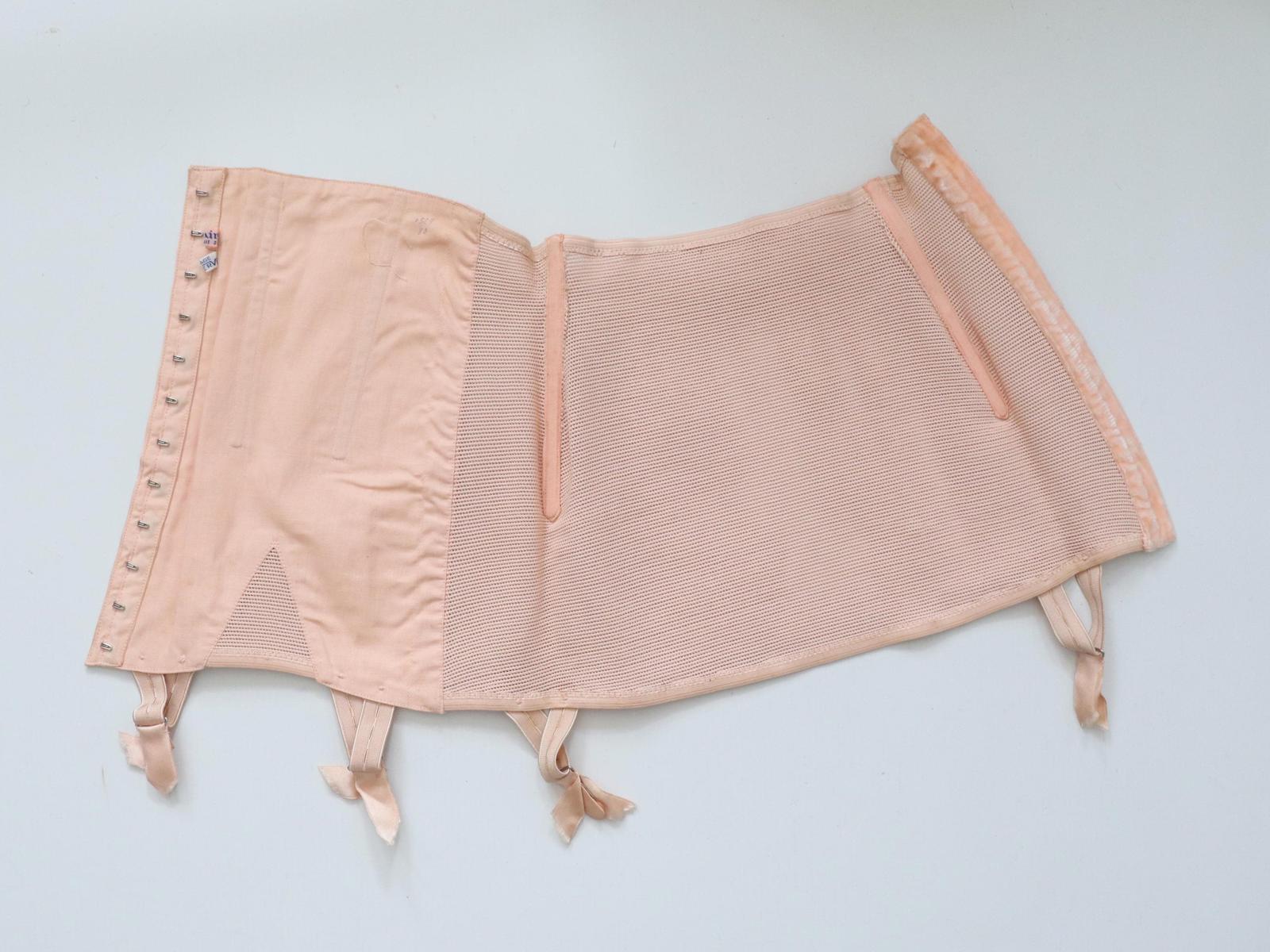 C1940s vintage French pink satin corset girdle with elastic webbing panels