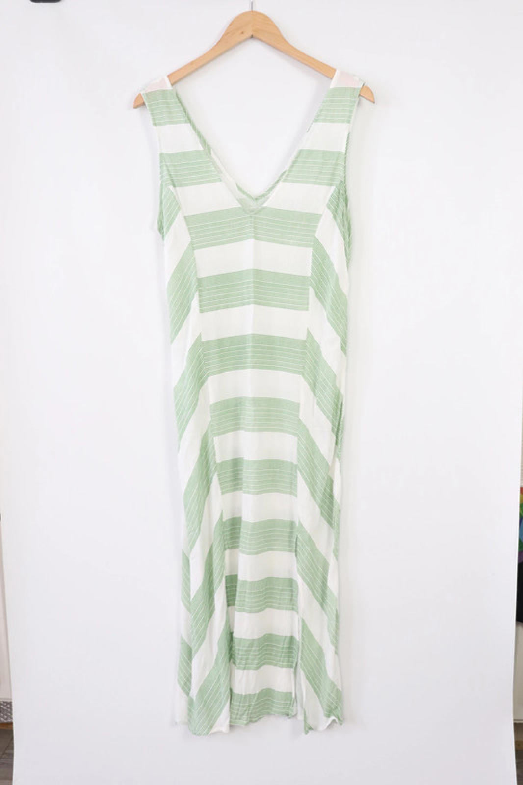 Vintage summer dress white with green strips. Long length with 2 slits at front.