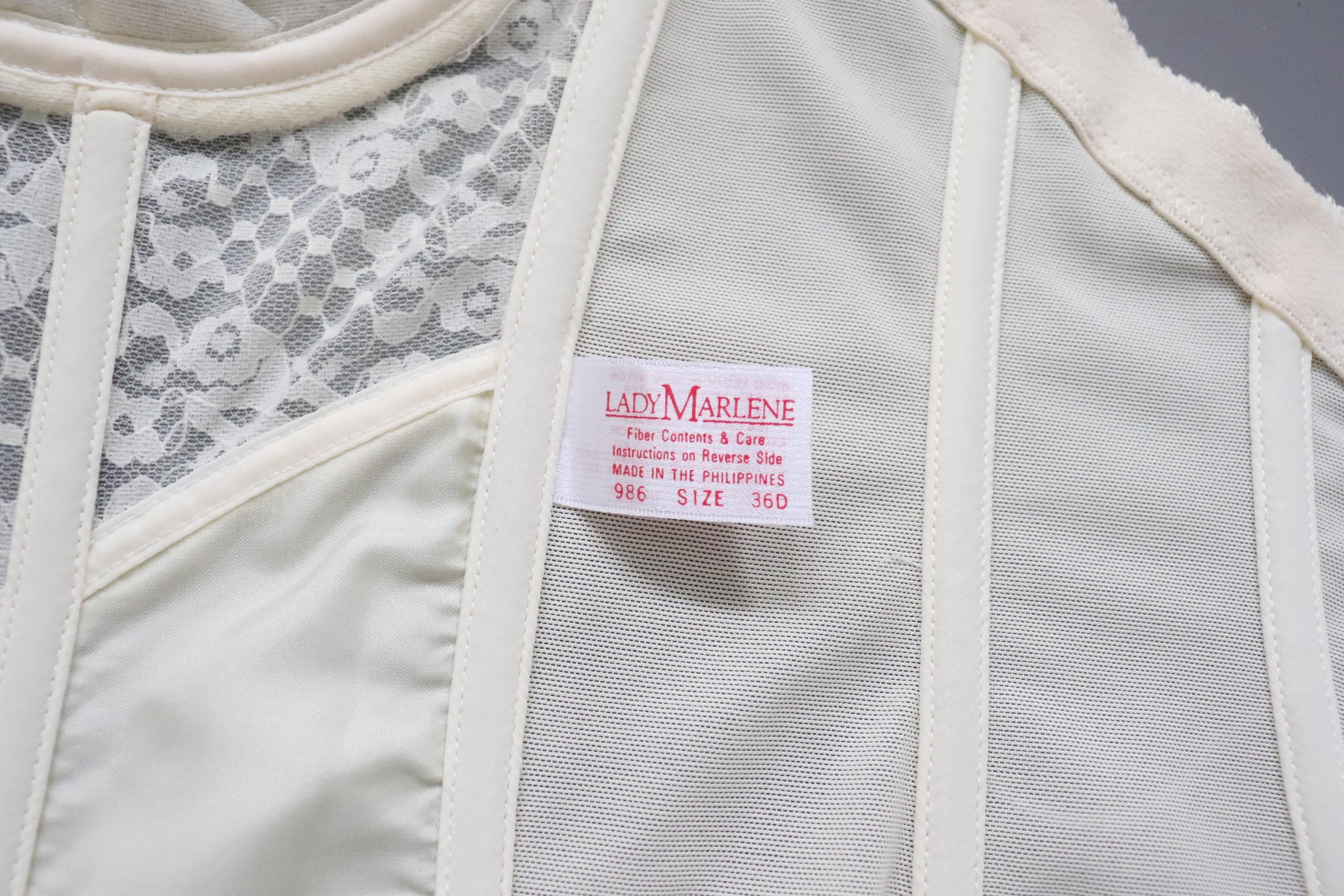 C1960s vintage Lady Marlene cream cupped bustier corset, zip fastening bodice style 986 size 36D