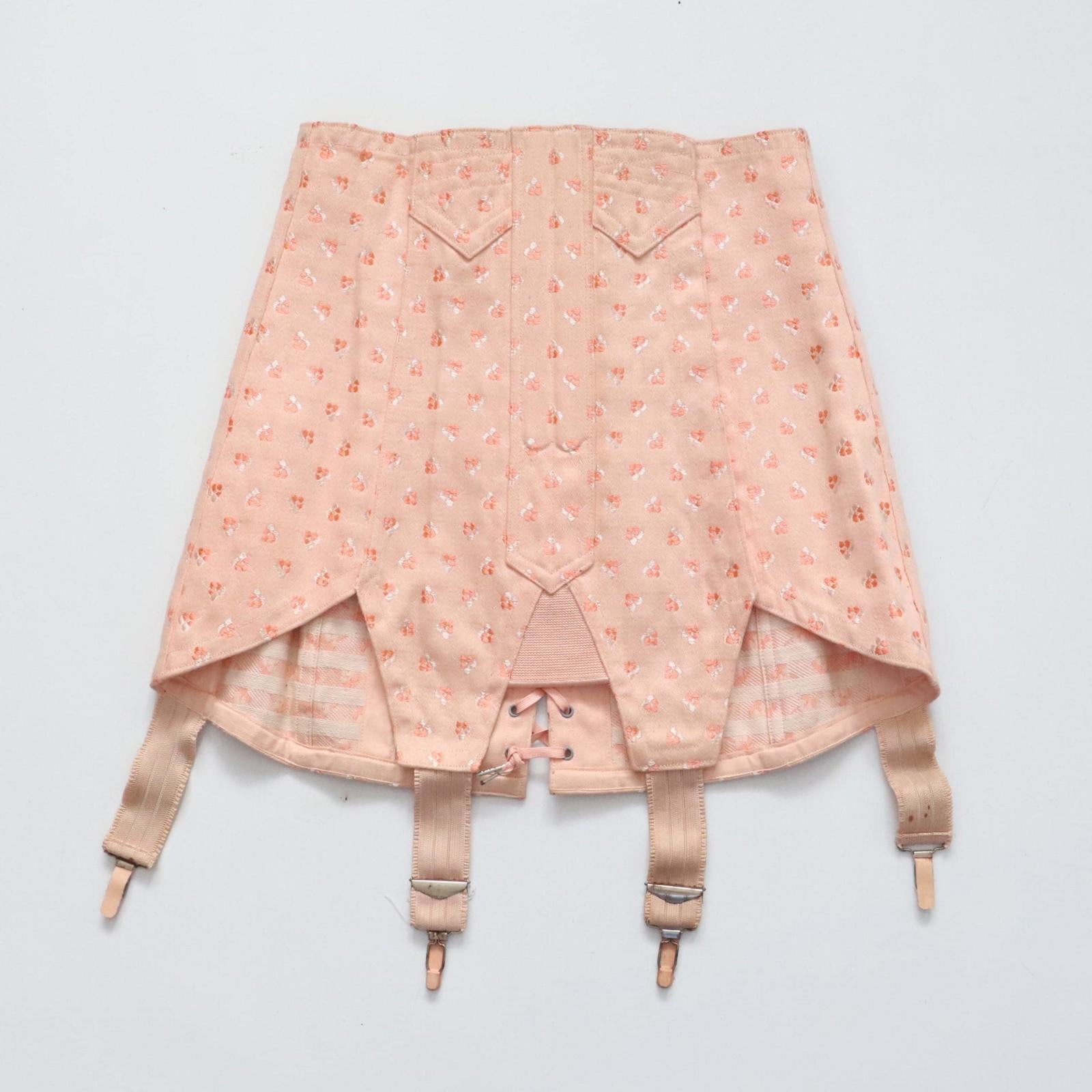C1940s C1950s vintage pink floral broche coutil corset girdle - 24 inch waist