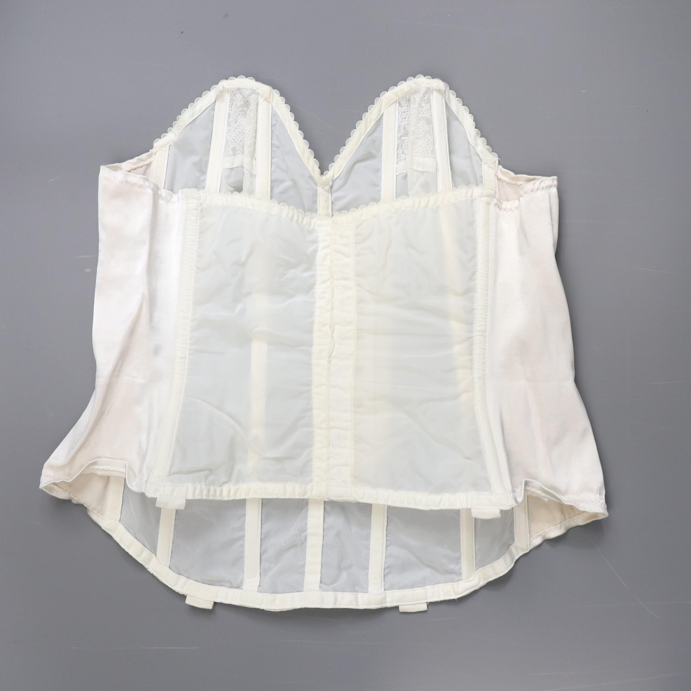 C1950s vintage English Rose Corsetry longline bra, white bustier corset, nylon and lace lingerie - 36A