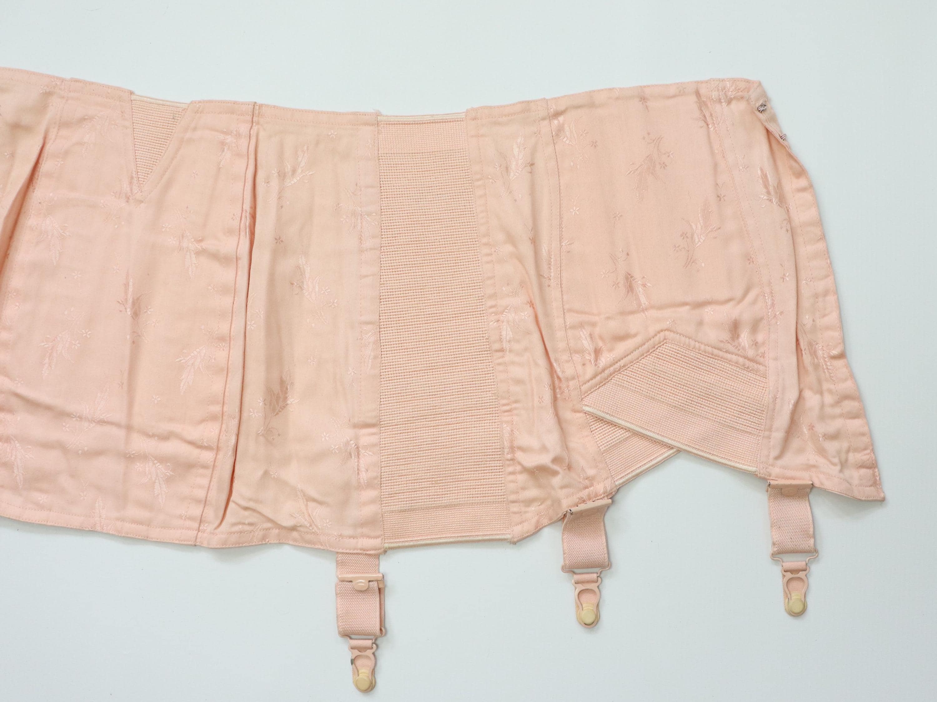 C1960s vintage pale pink corset girdle, floral tulip coutil corset with suspenders