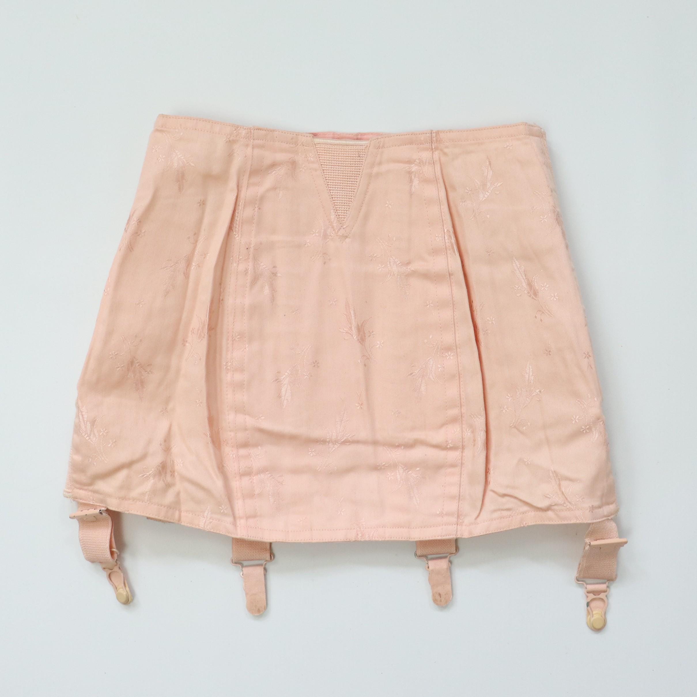 C1960s vintage pale pink corset girdle, floral tulip coutil corset with suspenders