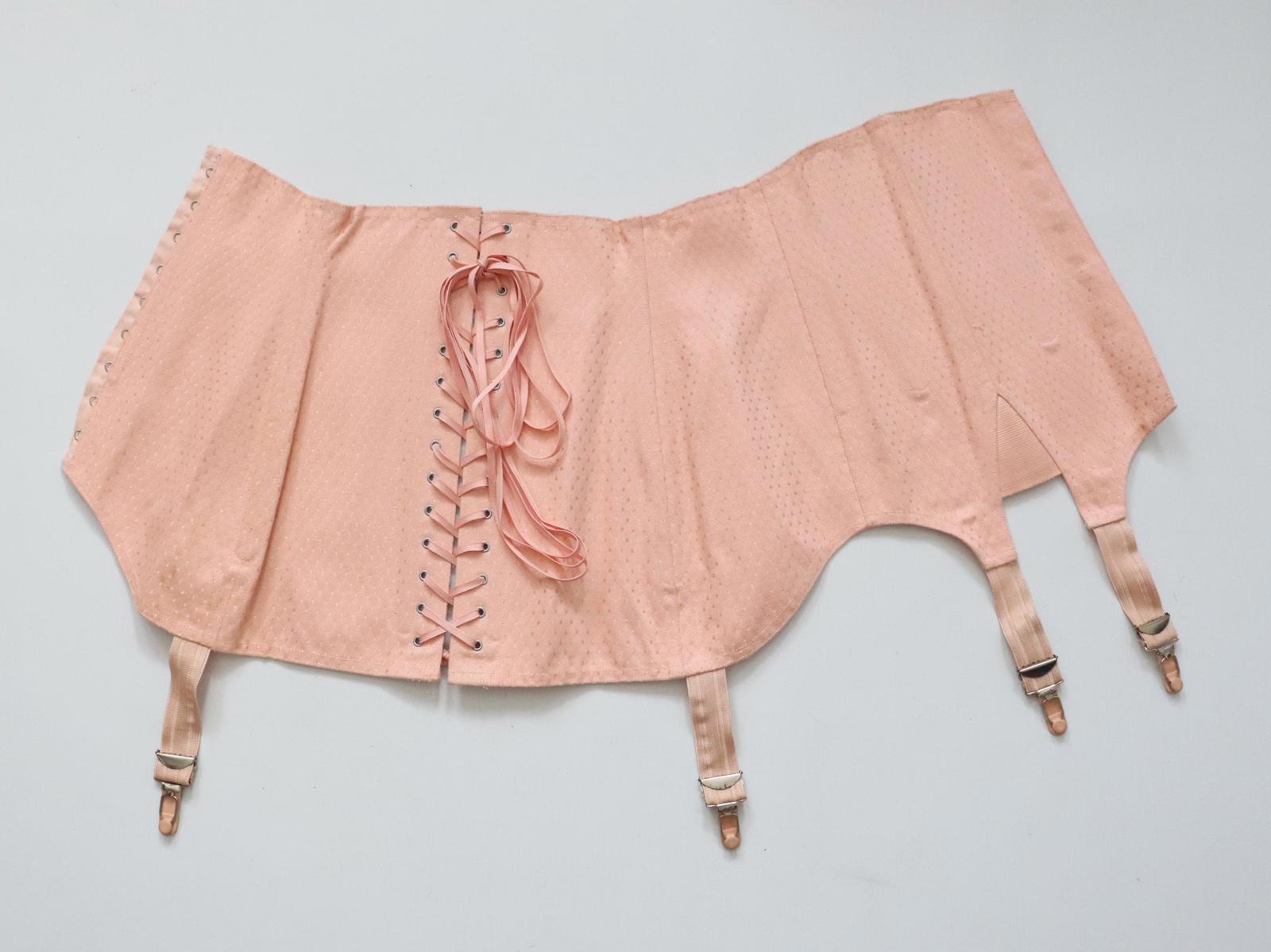 C1940s C1950s vintage pink spot coutil corset girdle back lacing - 22 inch waist