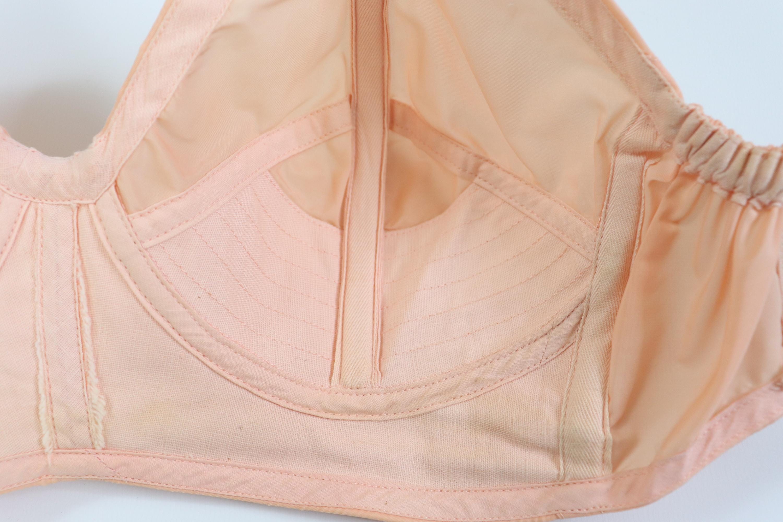 C1950s vintage boned cathedral bra, peach strapless bullet bra