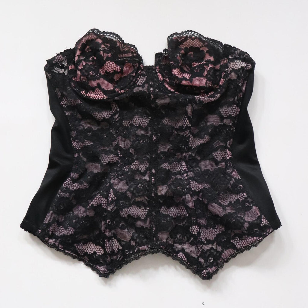 C1980s Julie Anne pink and black cupped bustier corset basque size 34B