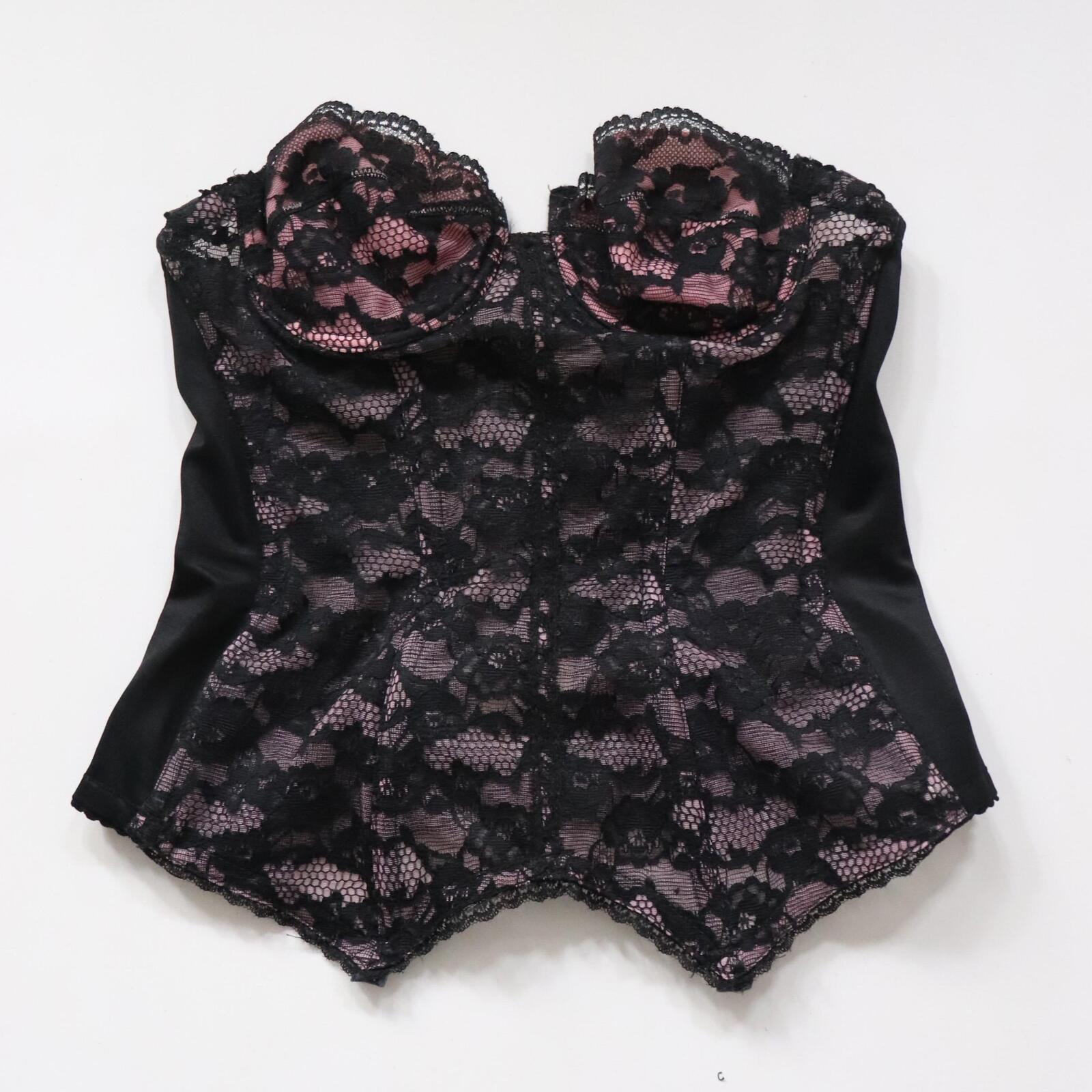 C1980s Julie Anne pink and black cupped bustier corset basque size 34B