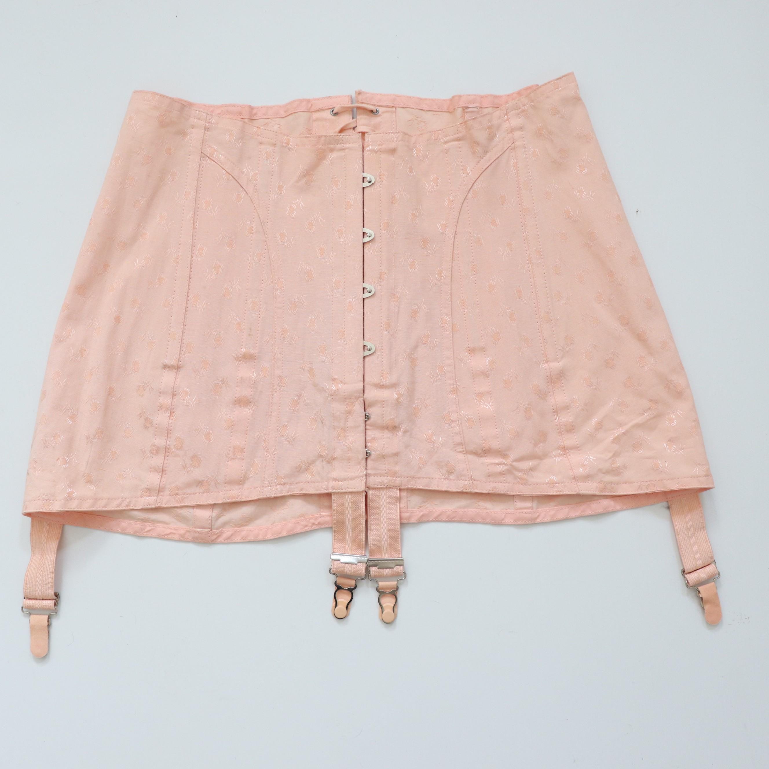 C1970s vintage W.R reg.d pale pink floral coutil corset girdle with busk fastening and centre back lacing - 36" WAIST