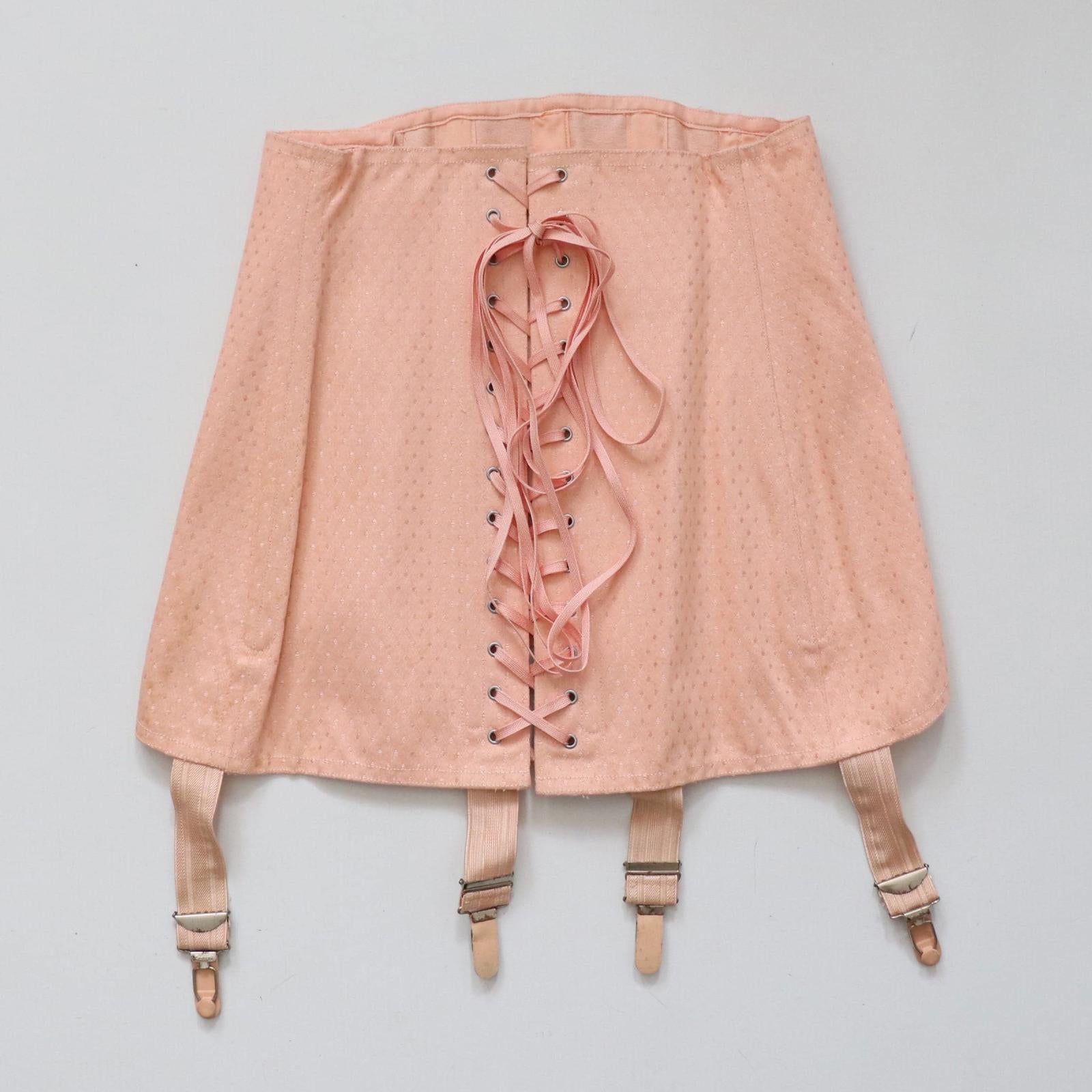 C1940s C1950s vintage pink spot coutil corset girdle back lacing - 22 inch waist