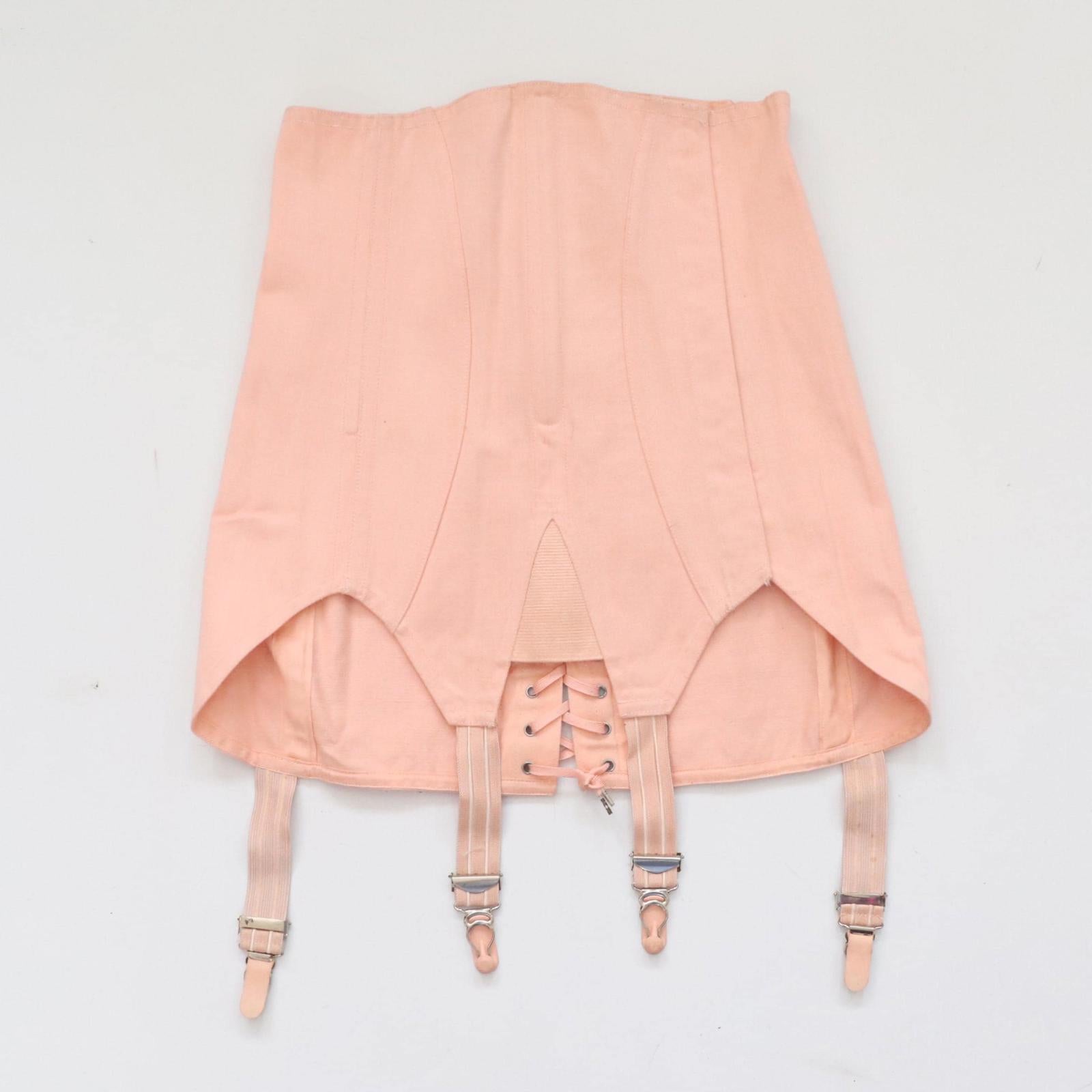 C1940s C1950s vintage pink coutil corset girdle with back lacing - 23 inch waist