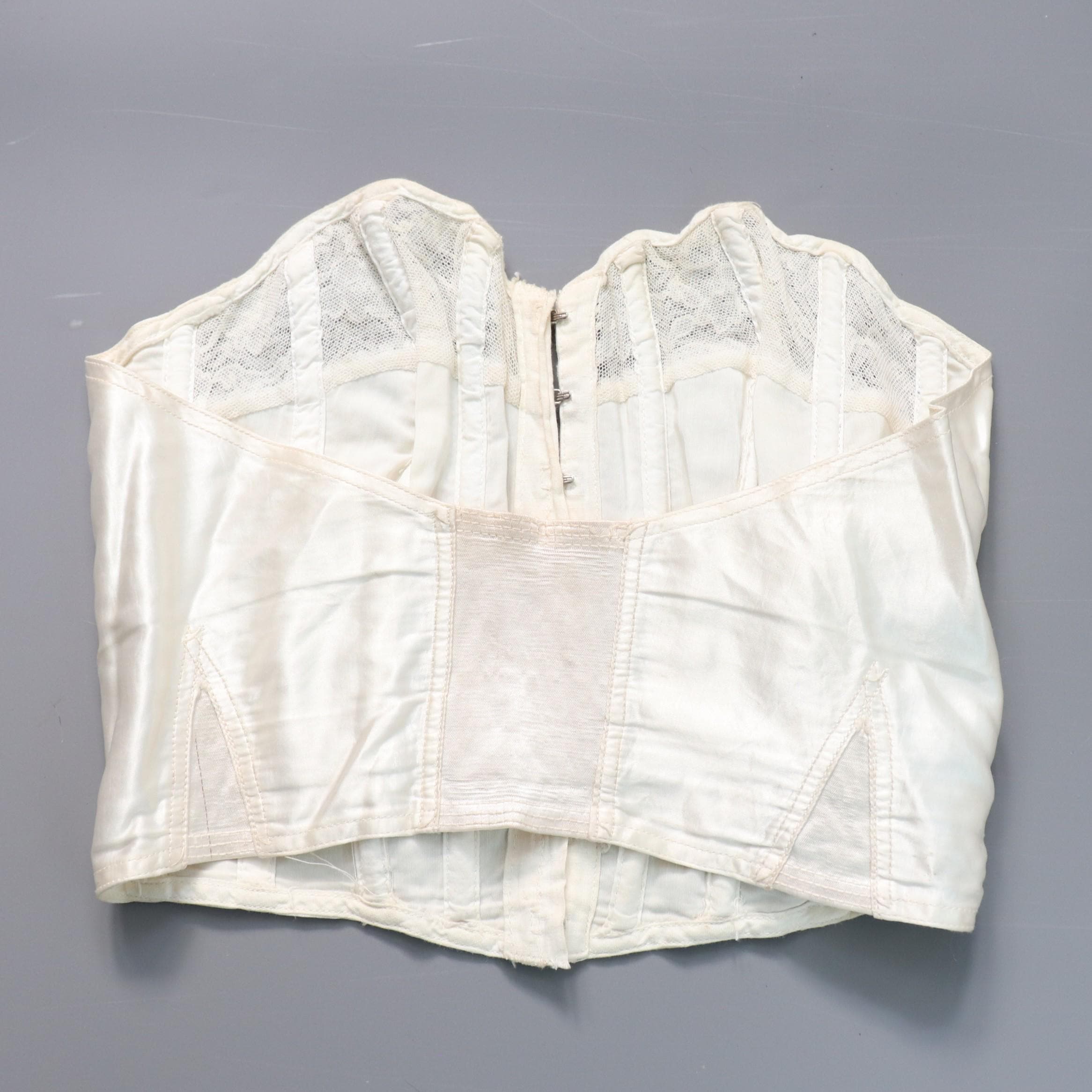 C1950s vintage Twilfit bra, white satin and lace cathedral bra, pinup lingerie -