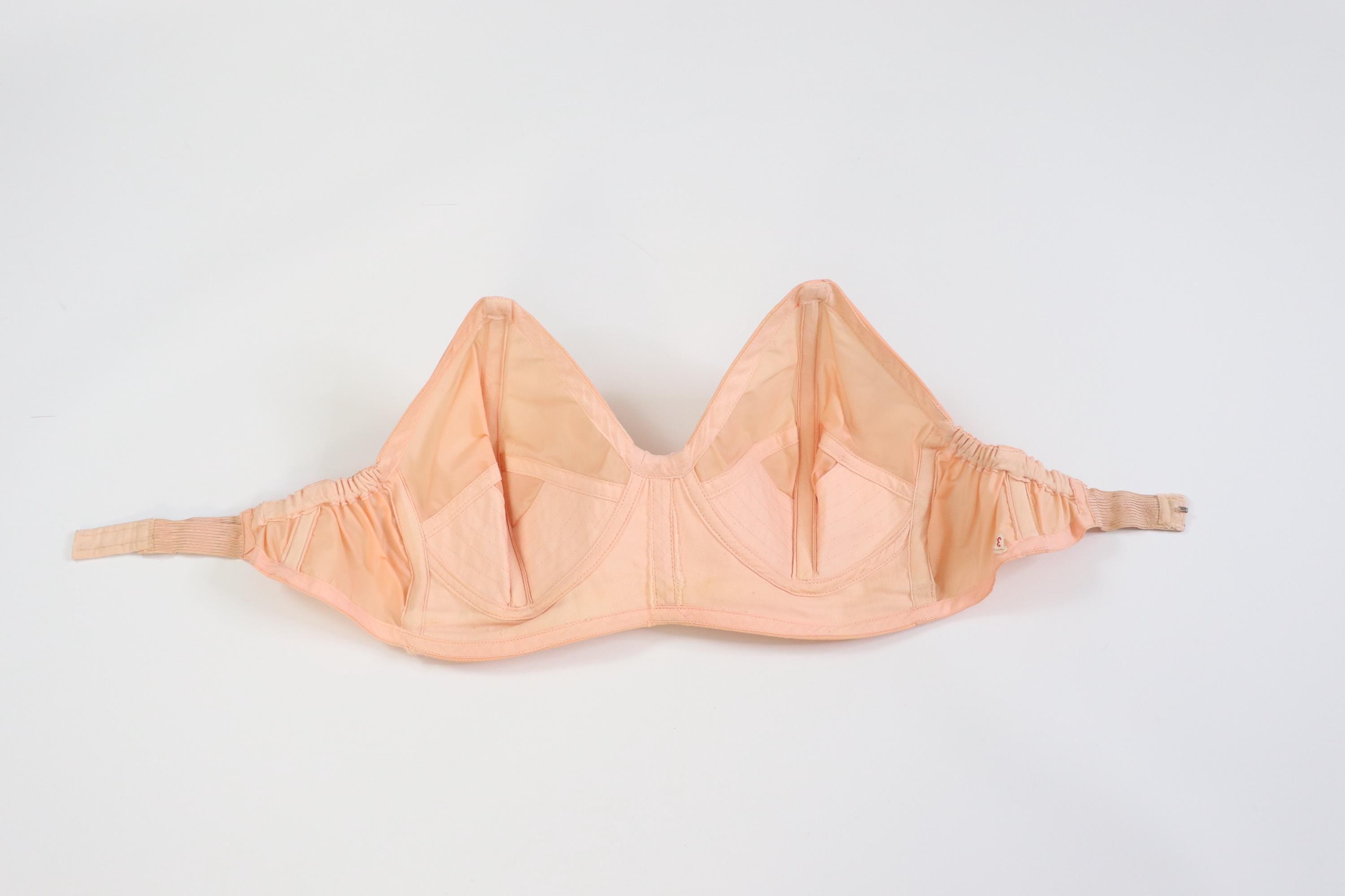 C1950s vintage boned cathedral bra, peach strapless bullet bra