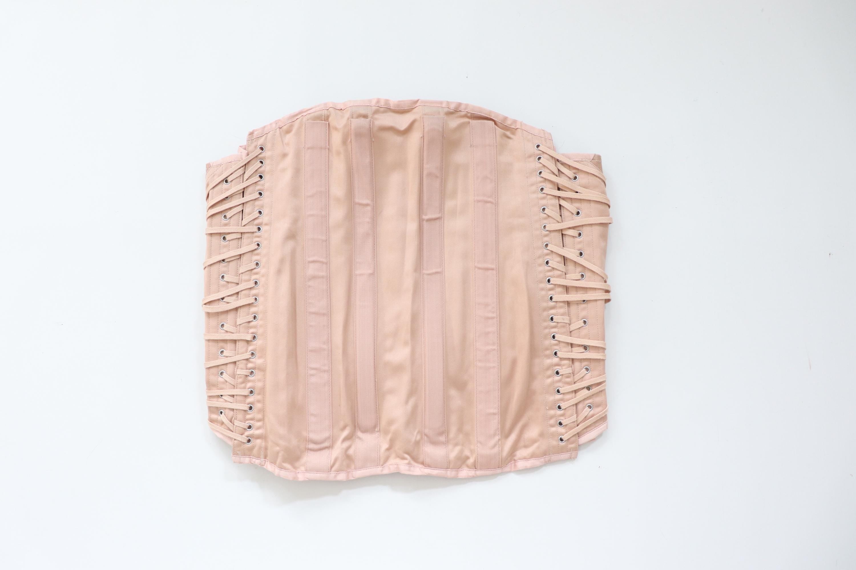 C1970s vintage CAMP beige fan laced corset, medical corset, lumbar support, - Waist closed approx 35" -38"