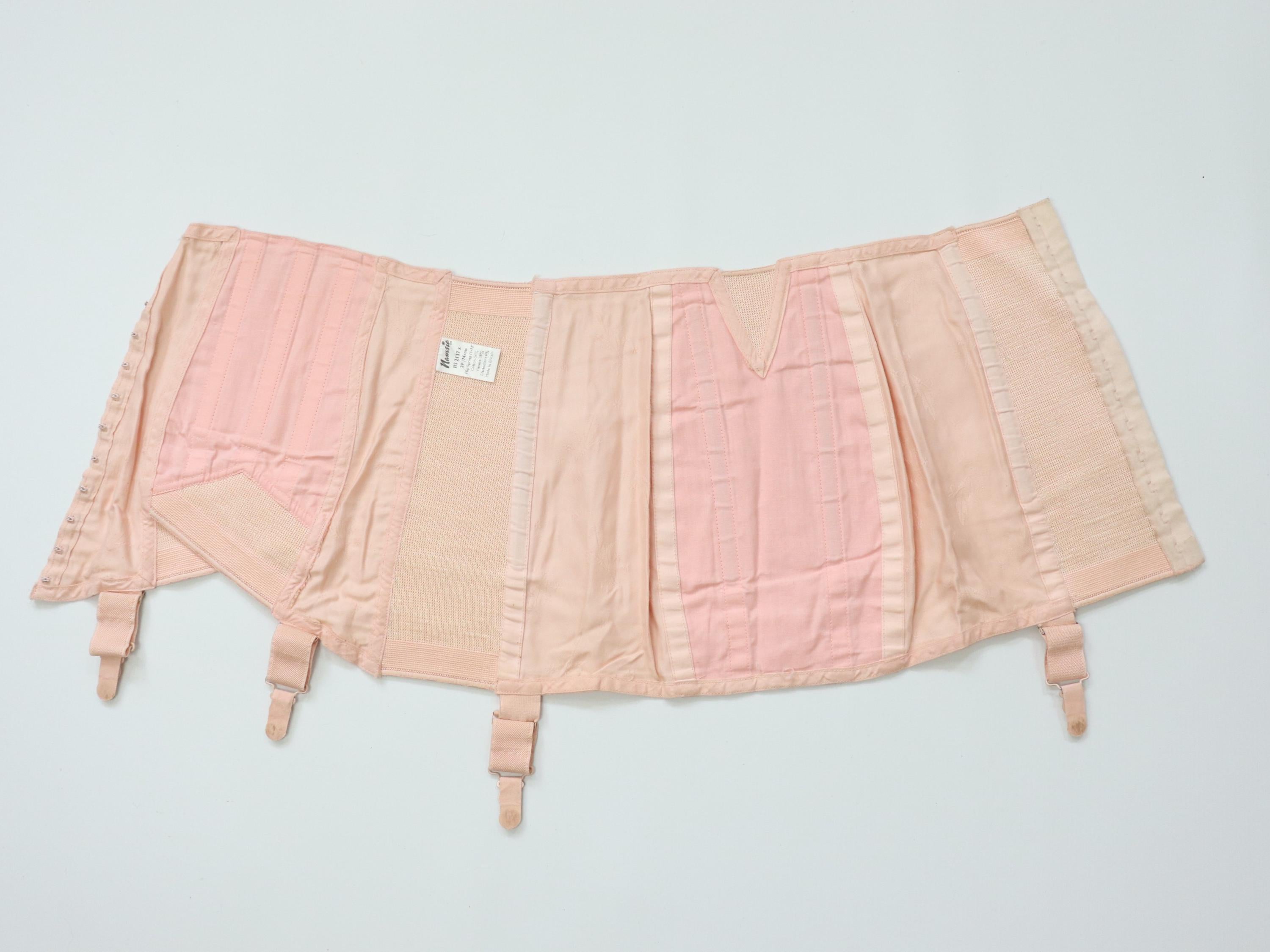 C1960s vintage pale pink corset girdle, floral tulip coutil corset with suspenders