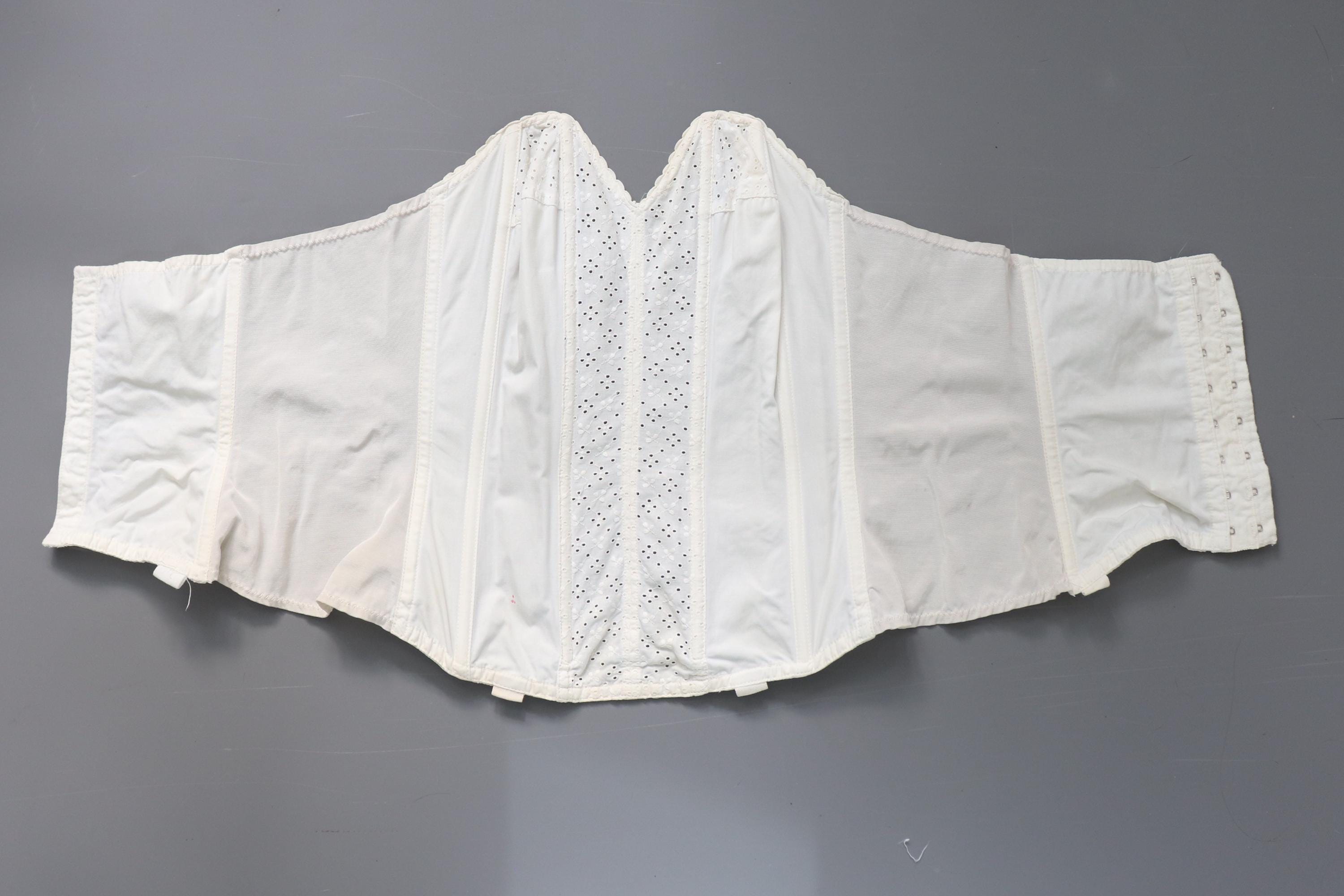 C1950s vintage English Rose Corsetry longline bustier, cream cotton cathedral corset with broderie anglaise, pinup retro lingerie - 36A