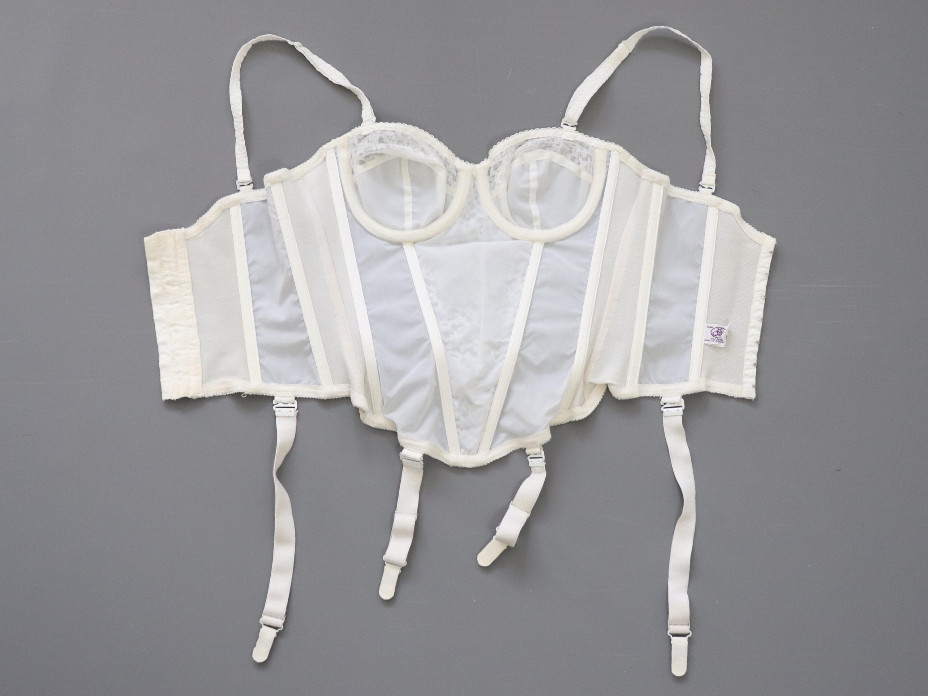 C1960s - 1970s vintage Rose Queen, English Rose Corsetry white cupped bustier corset, 1120 size 34A