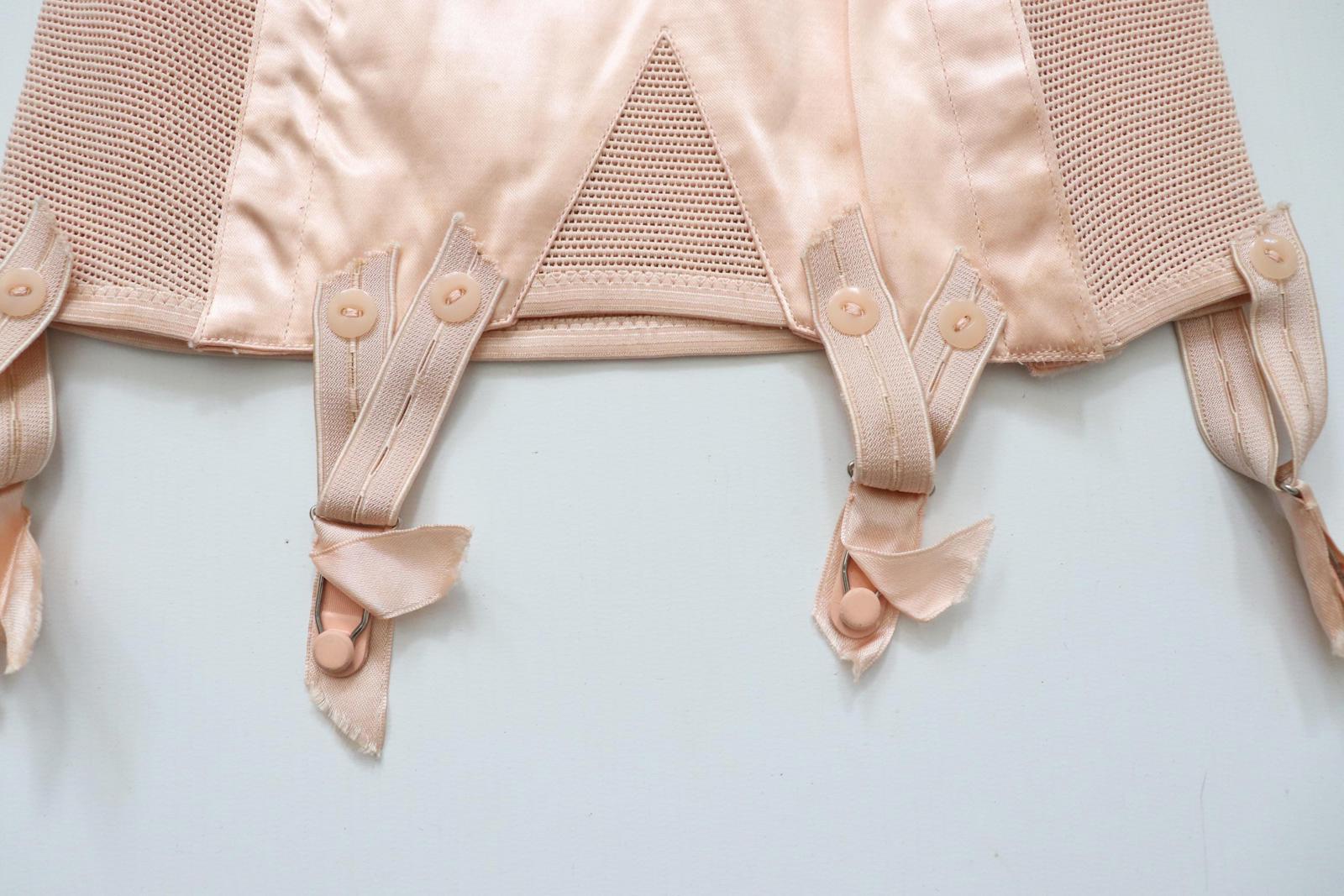 C1940s vintage French pink satin corset girdle with elastic webbing panels