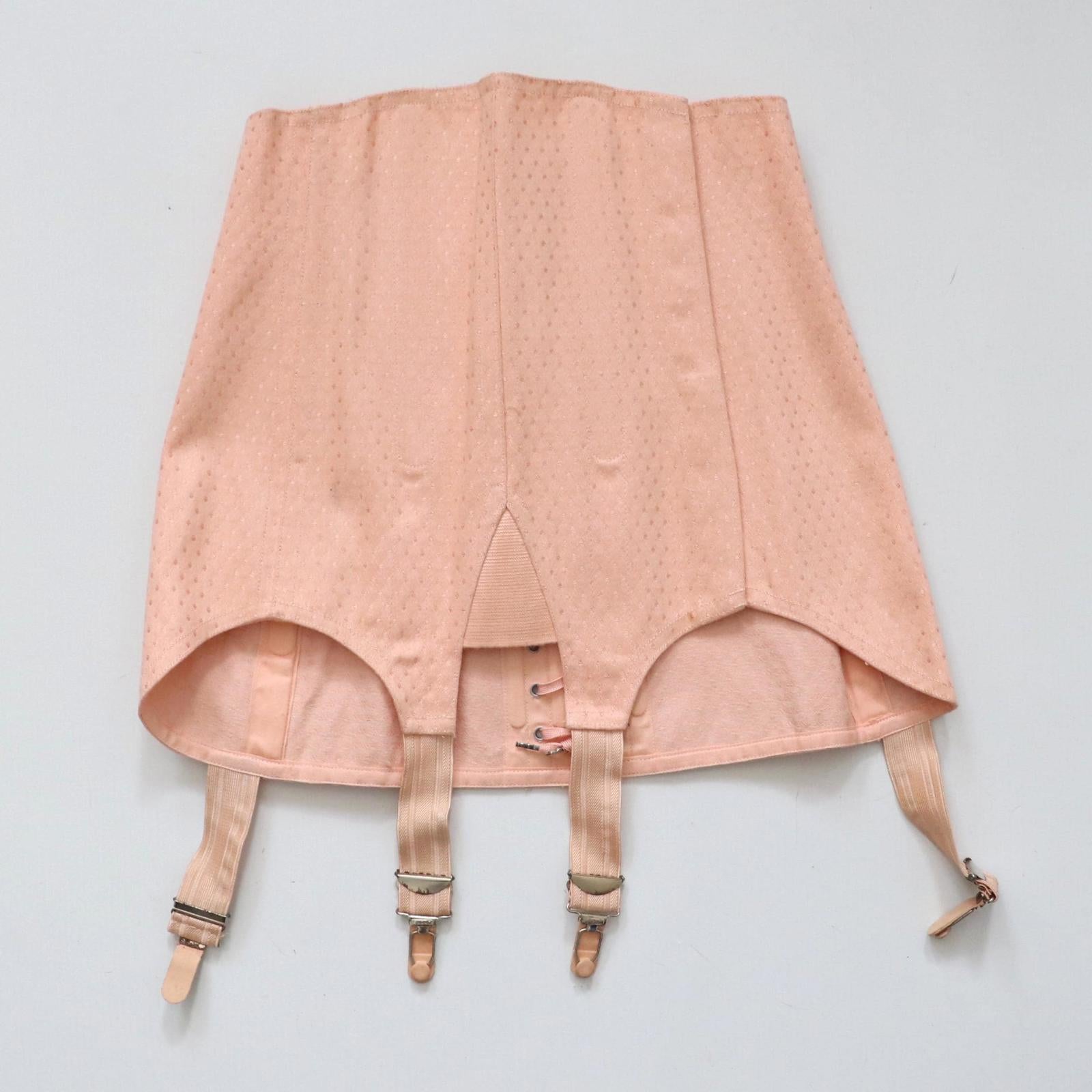 C1940s C1950s vintage pink spot coutil corset girdle back lacing - 22 inch waist