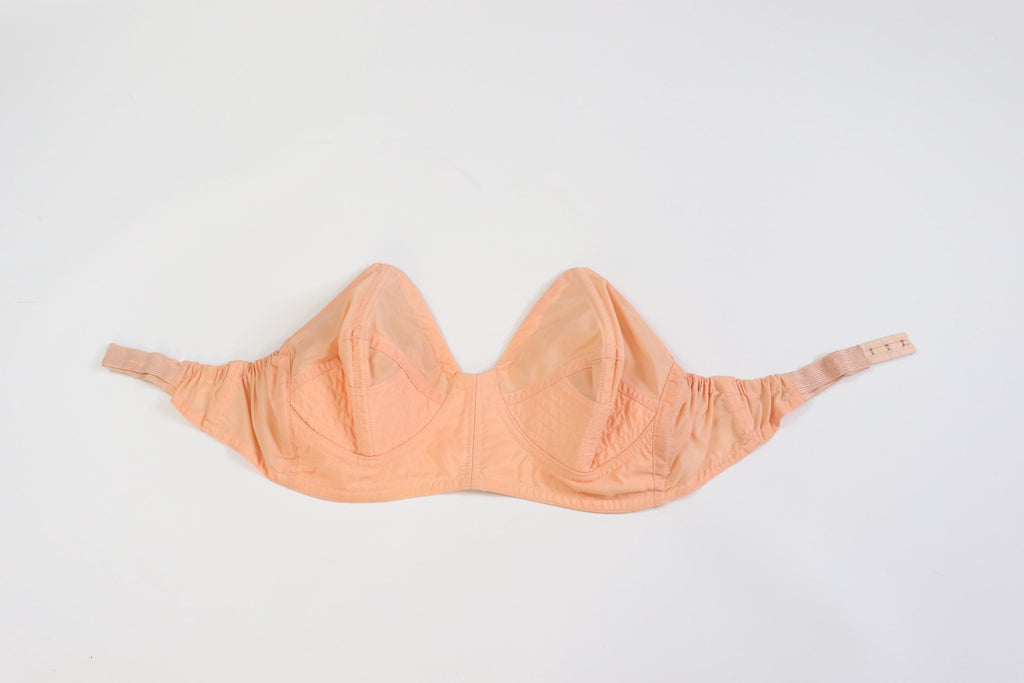 C1950s vintage boned cathedral bra, peach strapless bullet bra