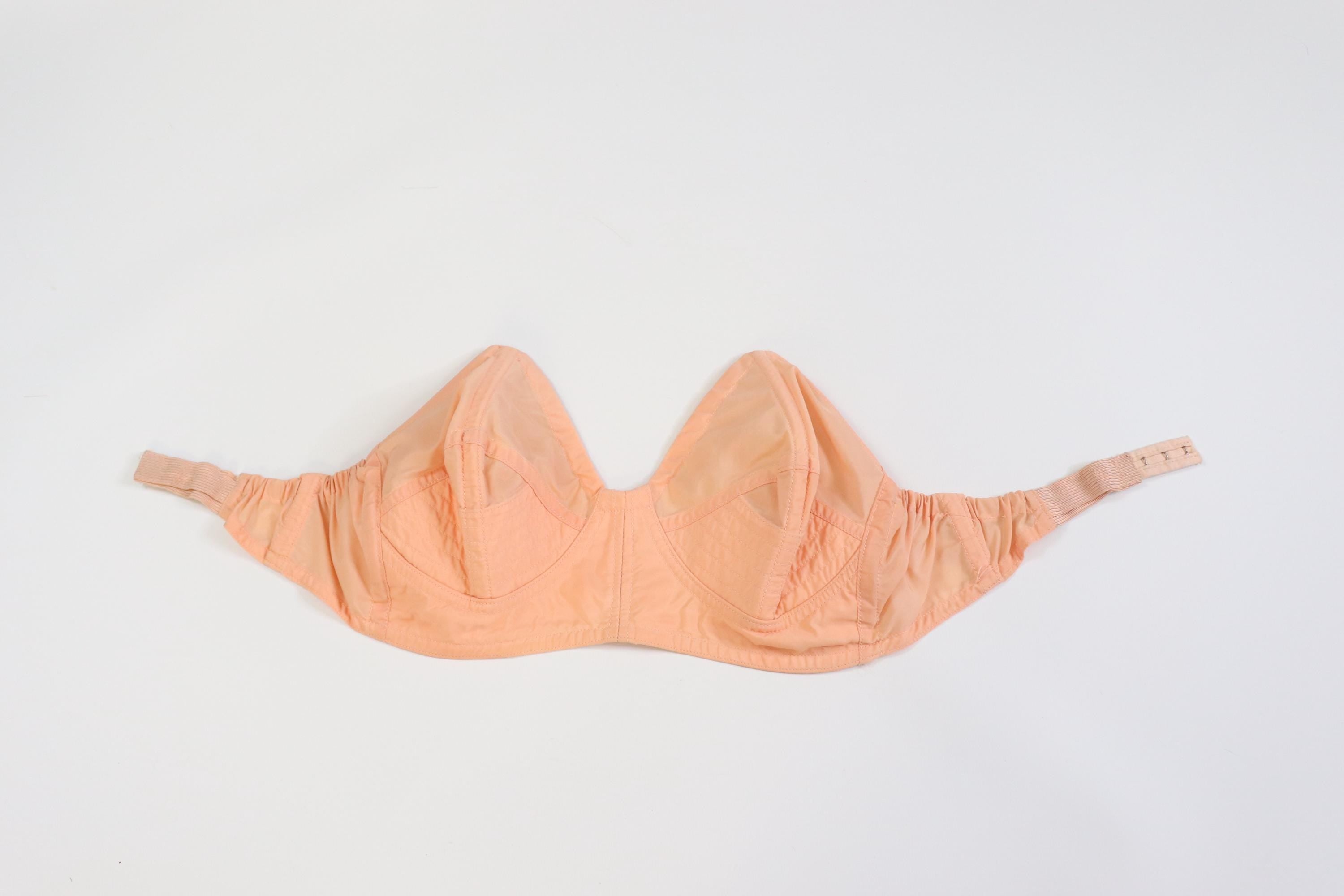C1950s vintage boned cathedral bra, peach strapless bullet bra