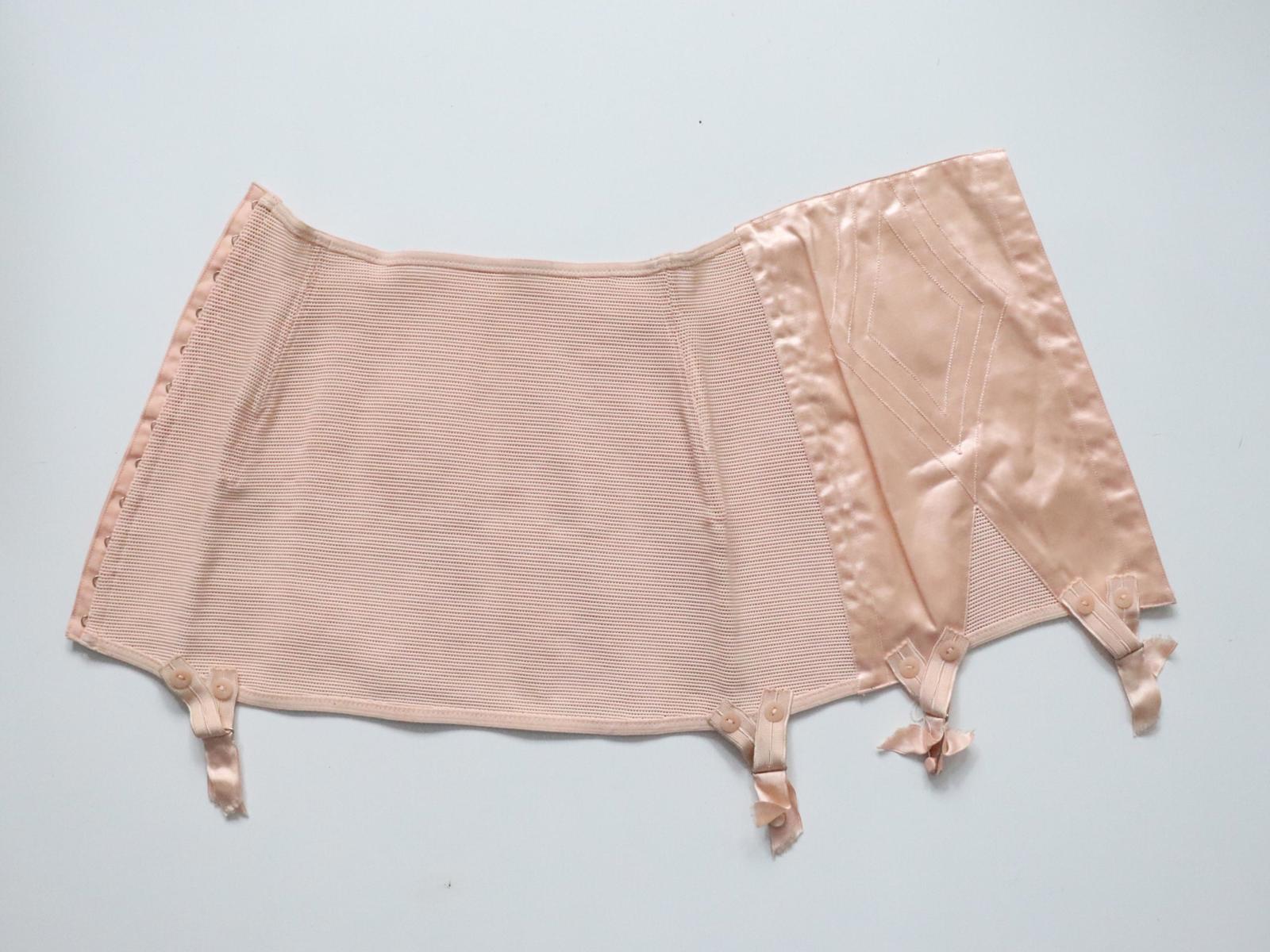 C1940s vintage French pink satin corset girdle with elastic webbing panels