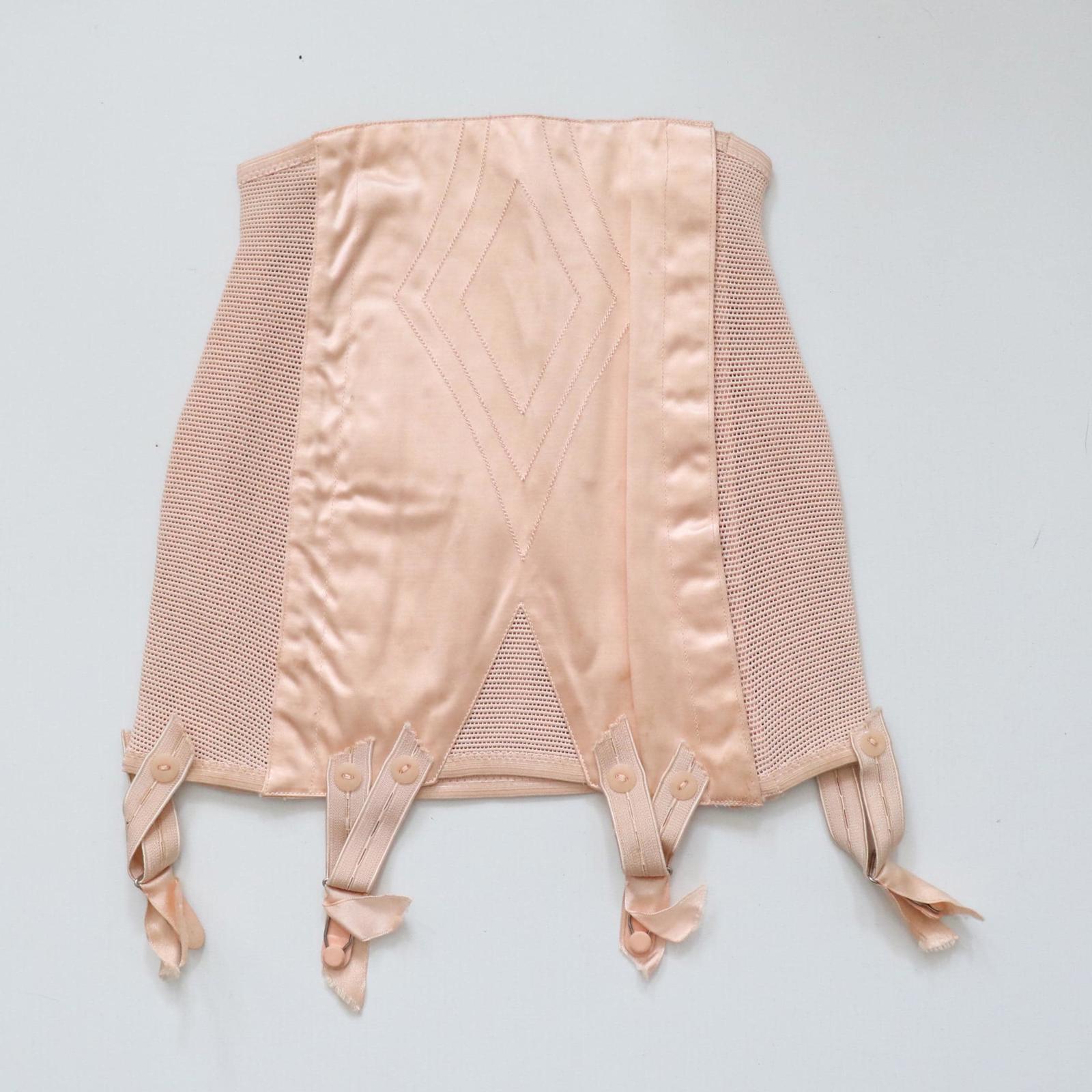 C1940s vintage French pink satin corset girdle with elastic webbing panels