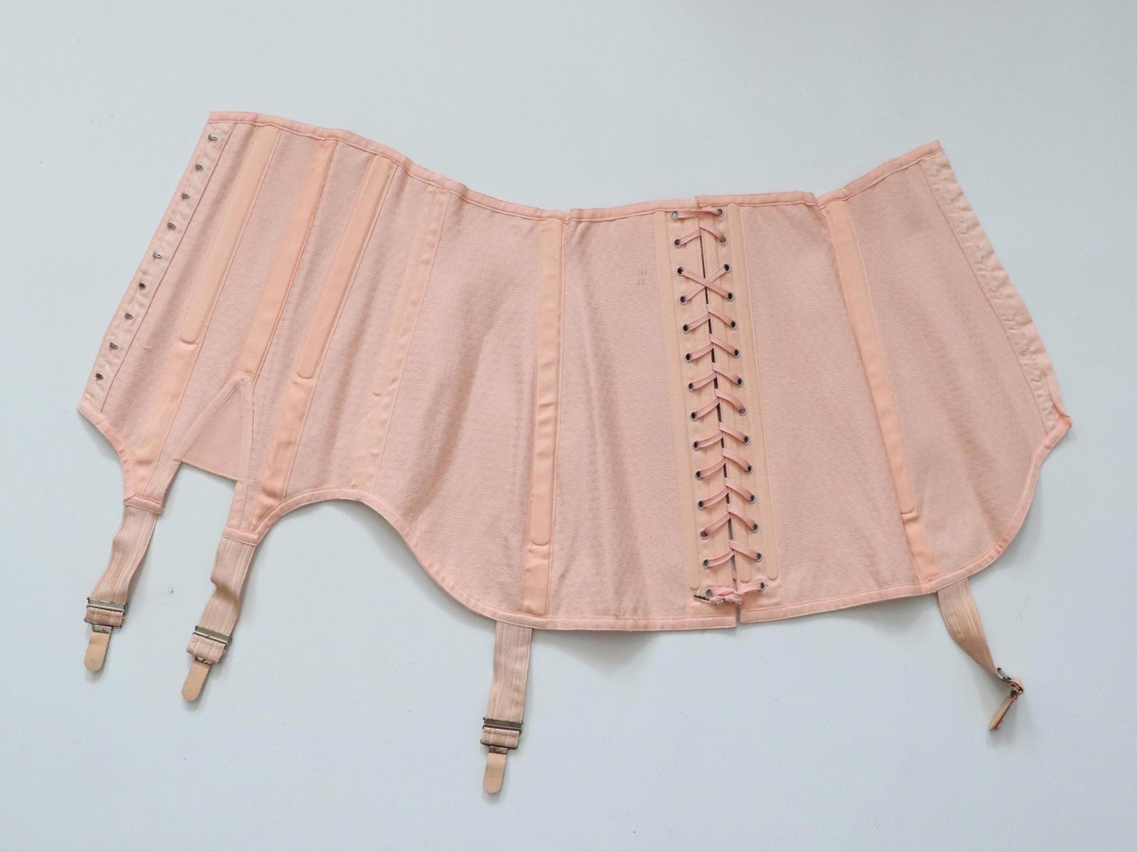 C1940s C1950s vintage pink spot coutil corset girdle back lacing - 22 inch waist