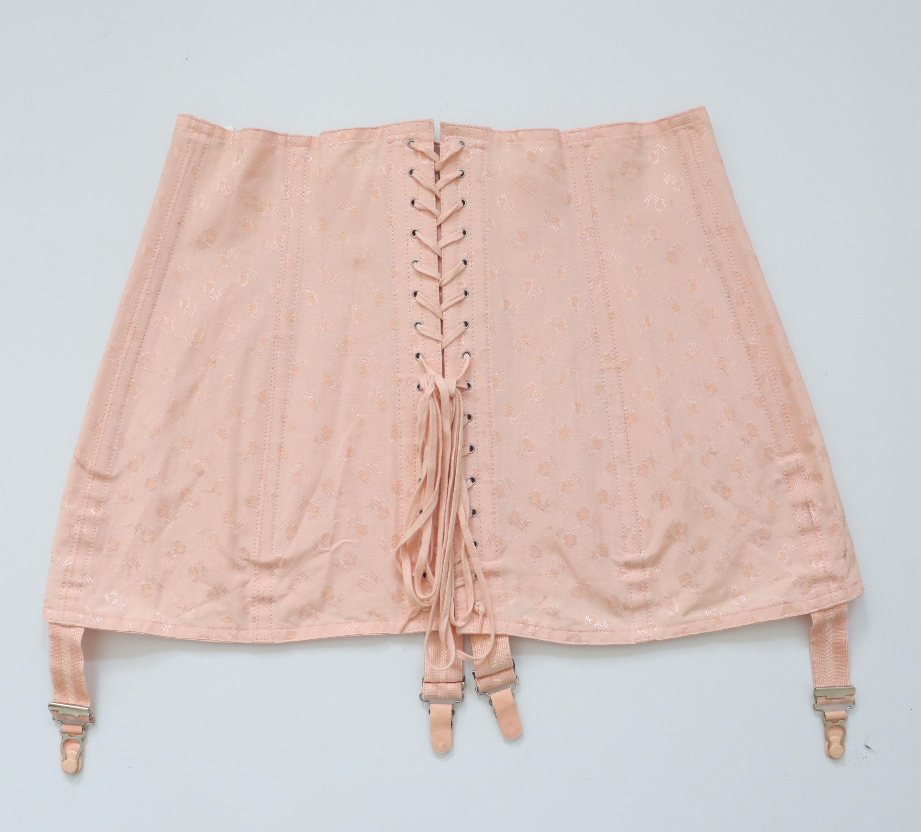 C1970s vintage W.R reg.d pale pink floral coutil corset girdle with busk fastening and centre back lacing - 36" WAIST