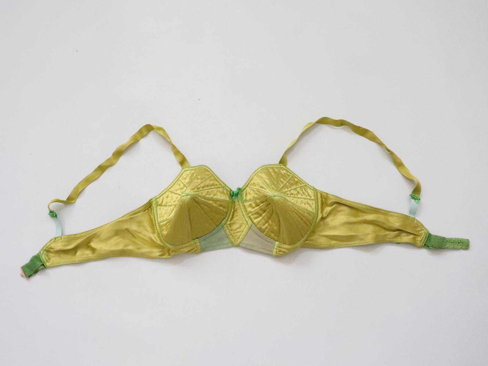 C1950s vintage green satin French bullet bra, Regina - fits ribcage 27-30"