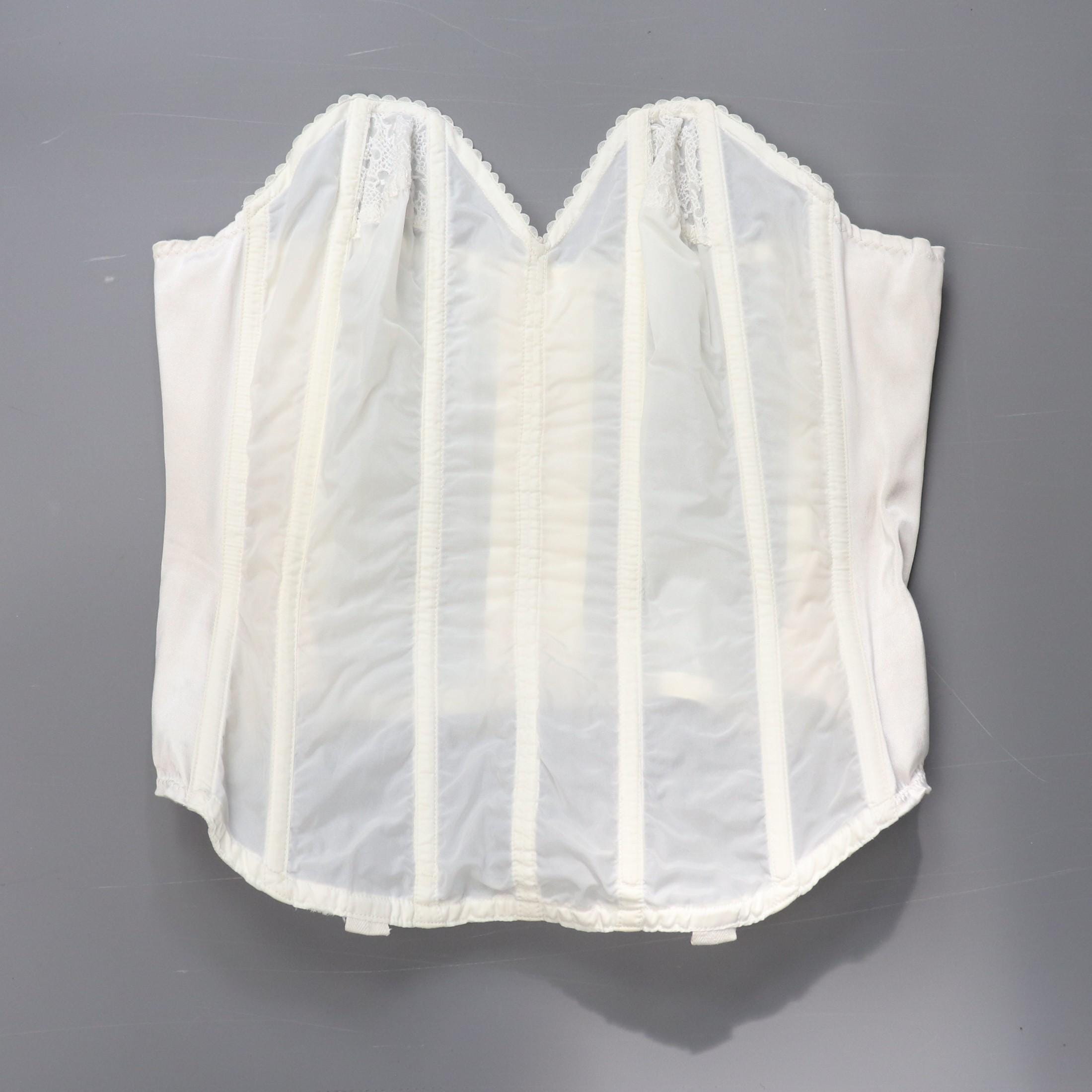 C1950s vintage English Rose Corsetry longline bra, white bustier corset, nylon and lace lingerie - 36A