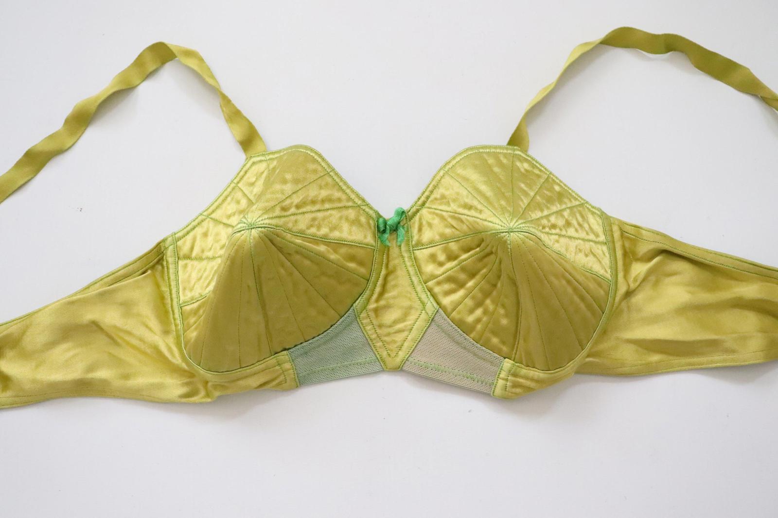 C1950s vintage green satin French bullet bra, Regina - fits ribcage 27-30"