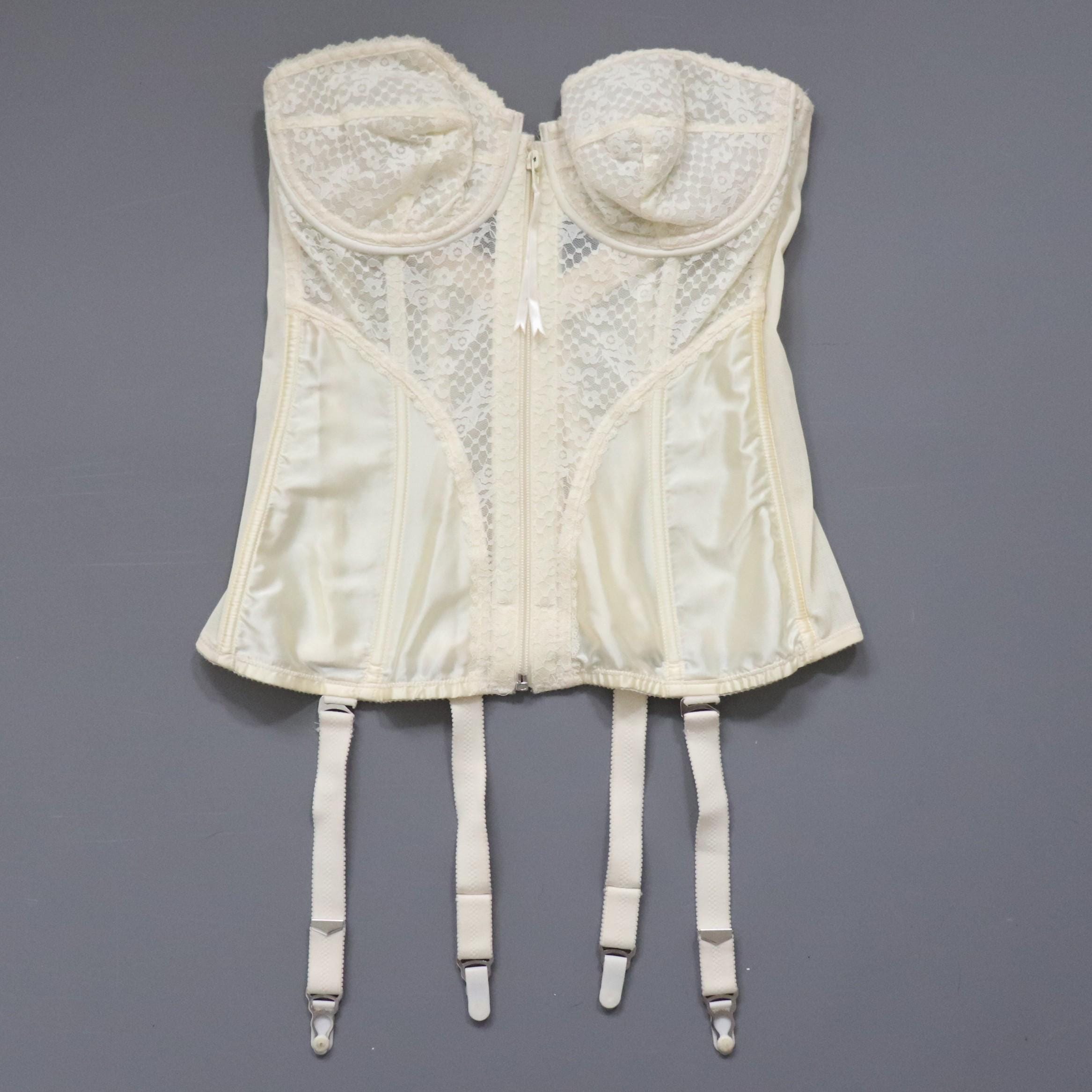 C1960s vintage Lady Marlene cream cupped bustier corset, zip fastening bodice style 986 size 36D