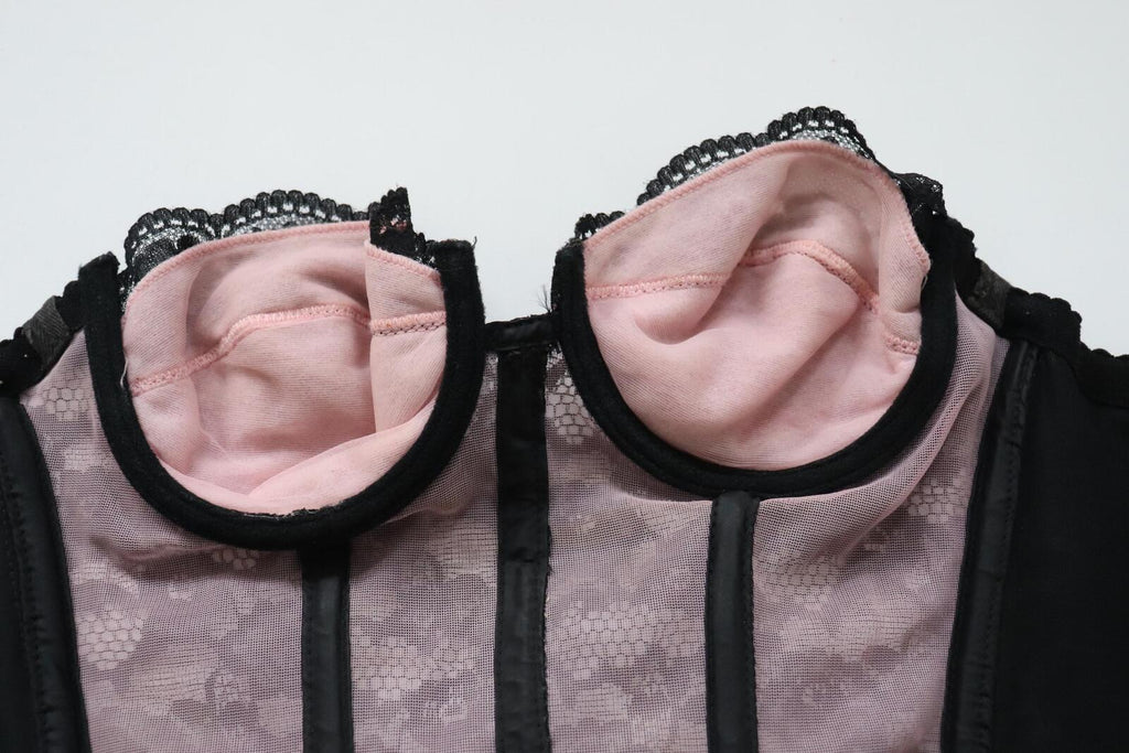 C1980s Julie Anne pink and black cupped bustier corset basque size 34B