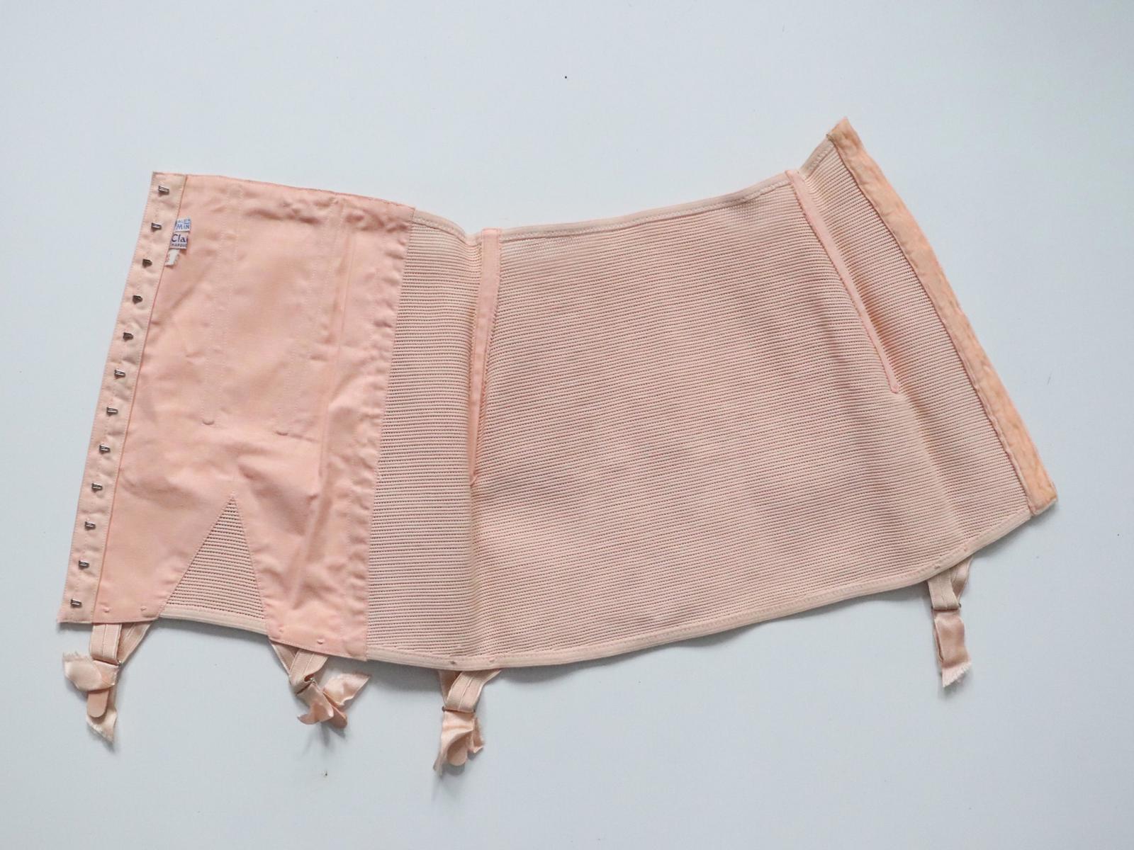C1940s vintage French pink satin corset girdle with elastic webbing panels